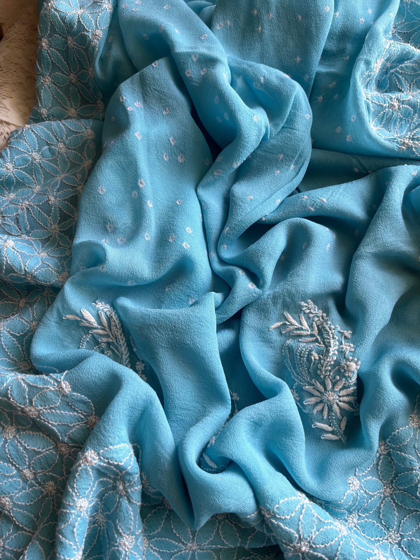 Cotton kurta bottom pure georgette chikankari bandhani dupatta