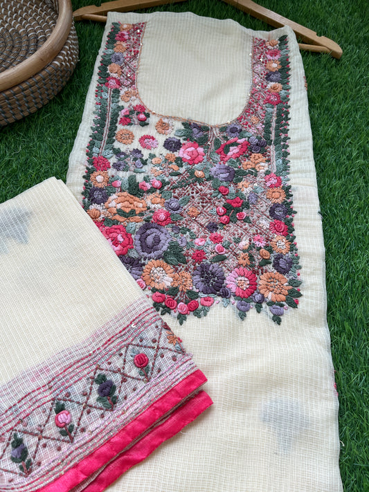 Kota hand embroidered kurta dupatta and plain bottom fabric