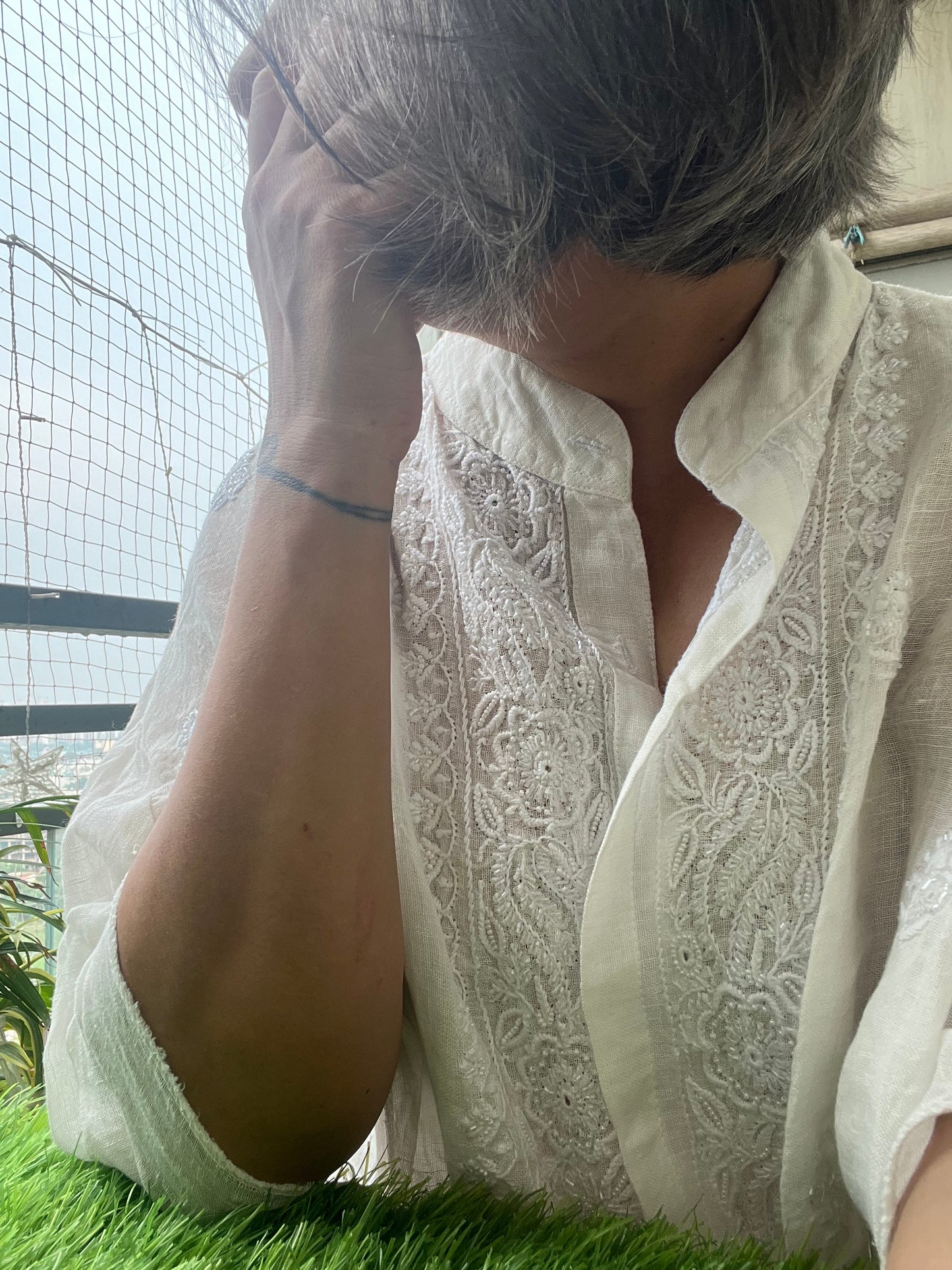 Linen chikan shirt and a-bottom-coord set