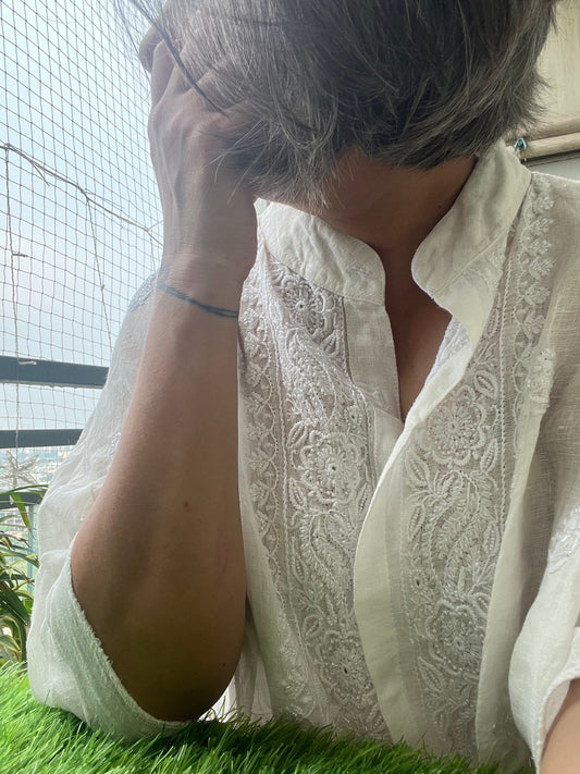 Linen chikan shirt and a-bottom-coord set