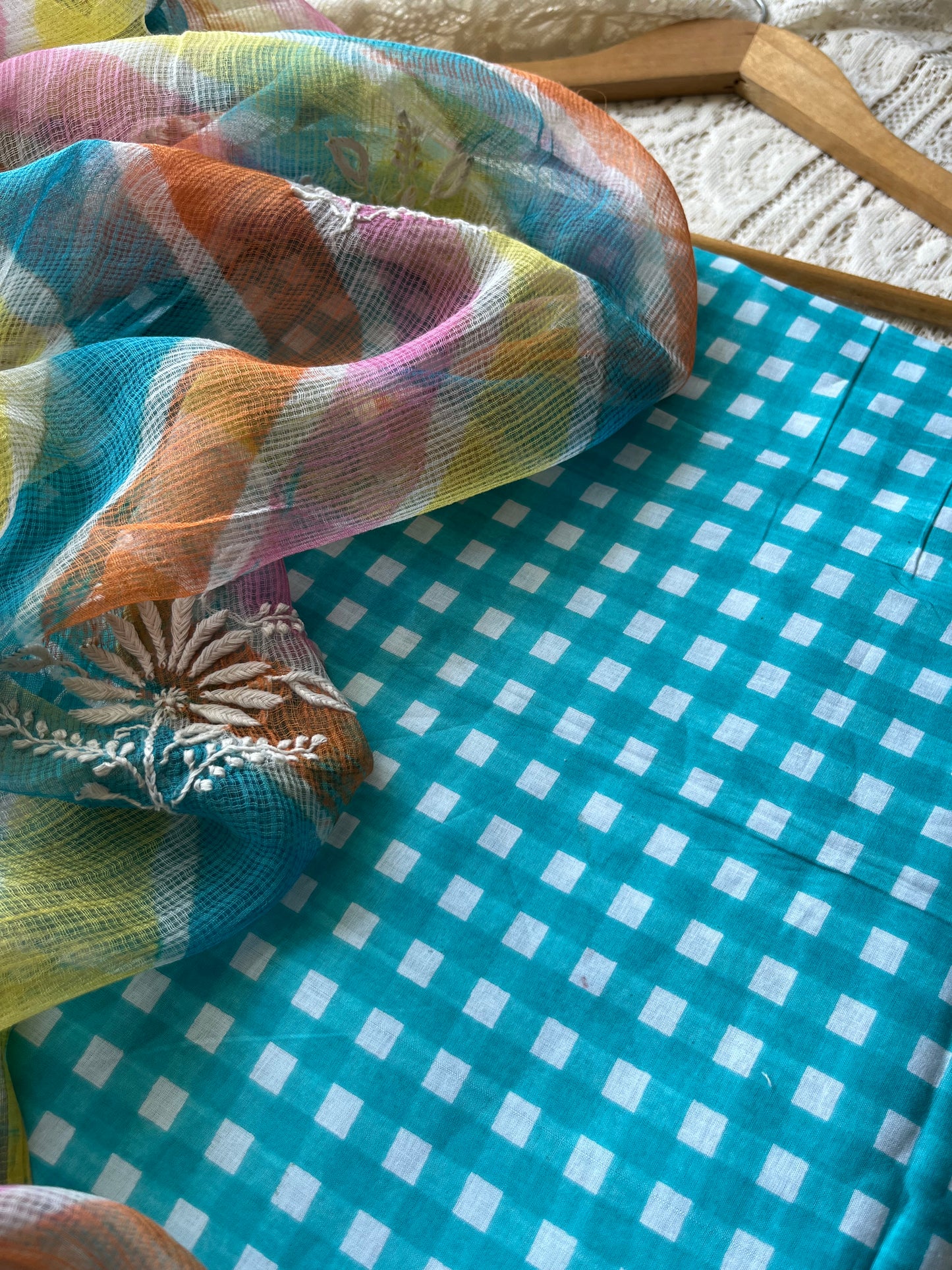 Cotton check kurta bottom fabric kota doria chikan work dupatta