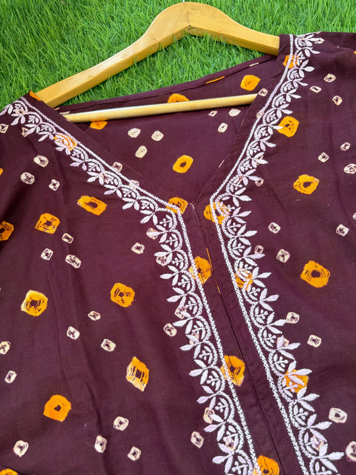 Cotton Bandhani chikan shirt and a-bottom