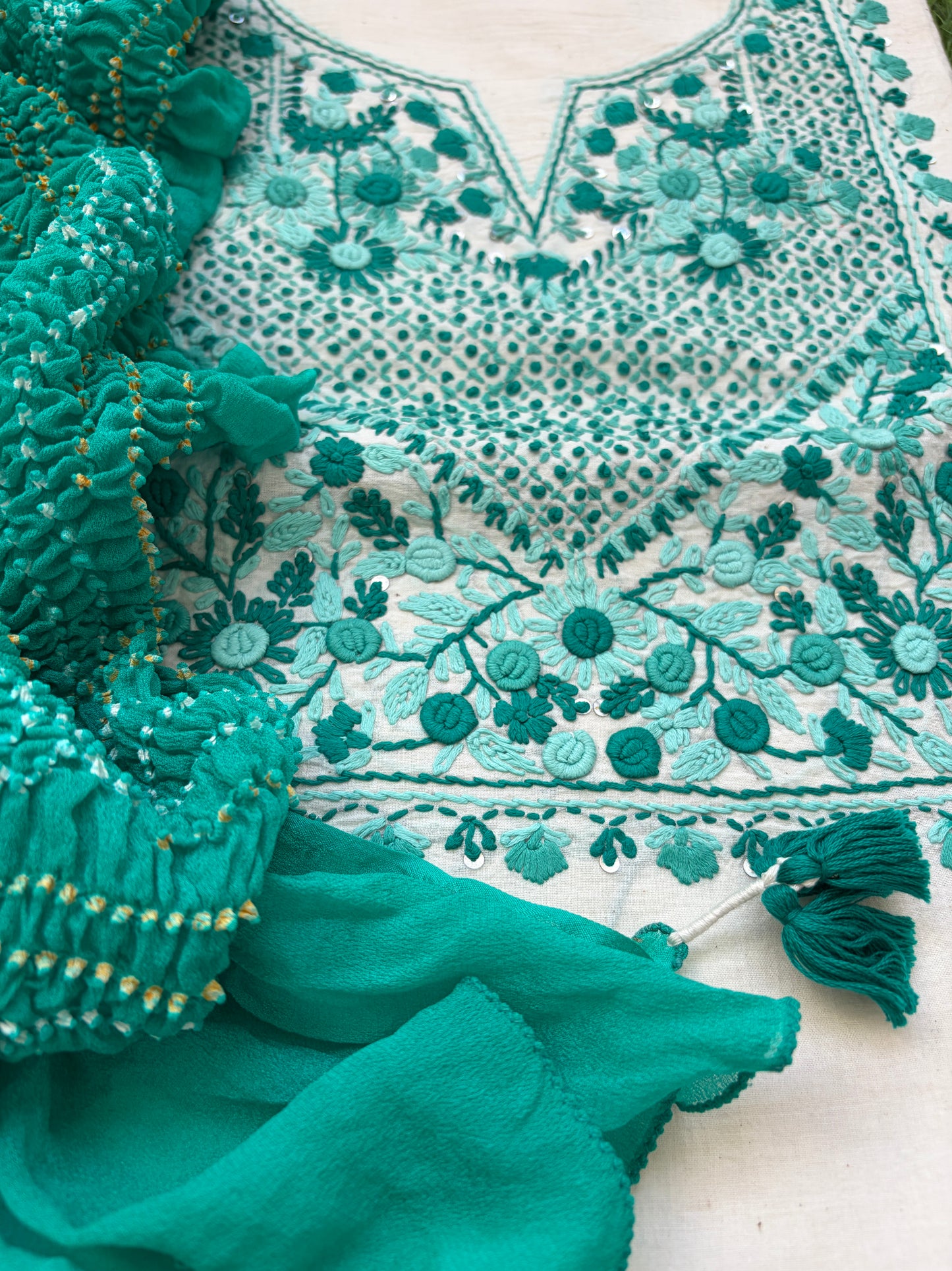 Handwoven Cotton knot work embroidered kurta fabric bandhani Dupatta