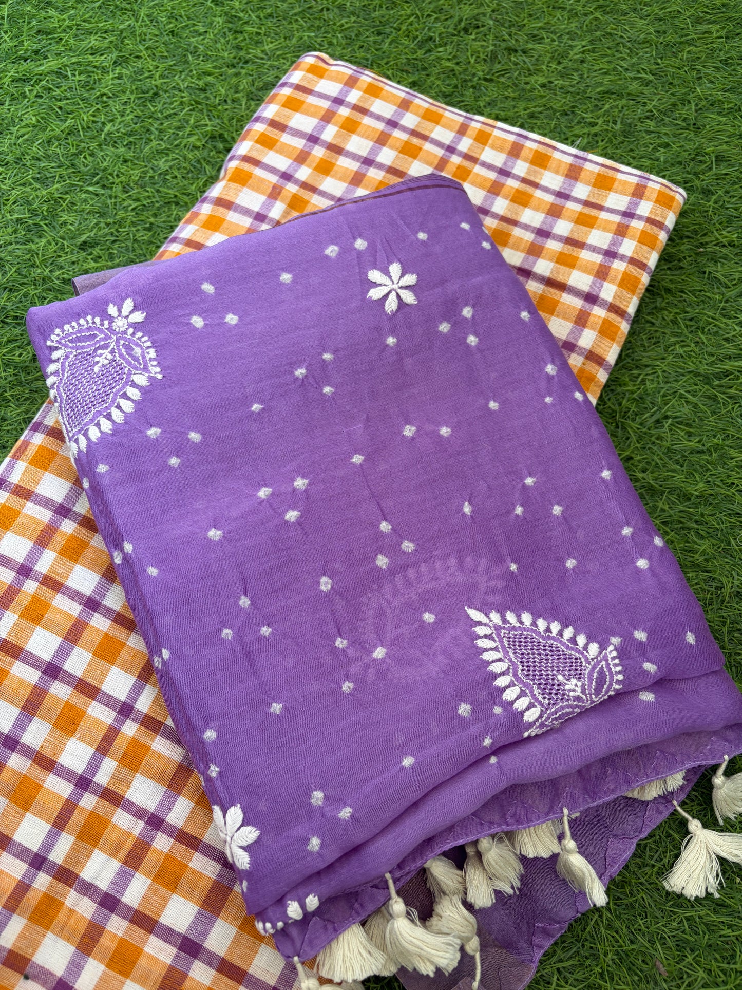 Khadi check kurta bottom pure chanderi bandhani chikankari dupatta