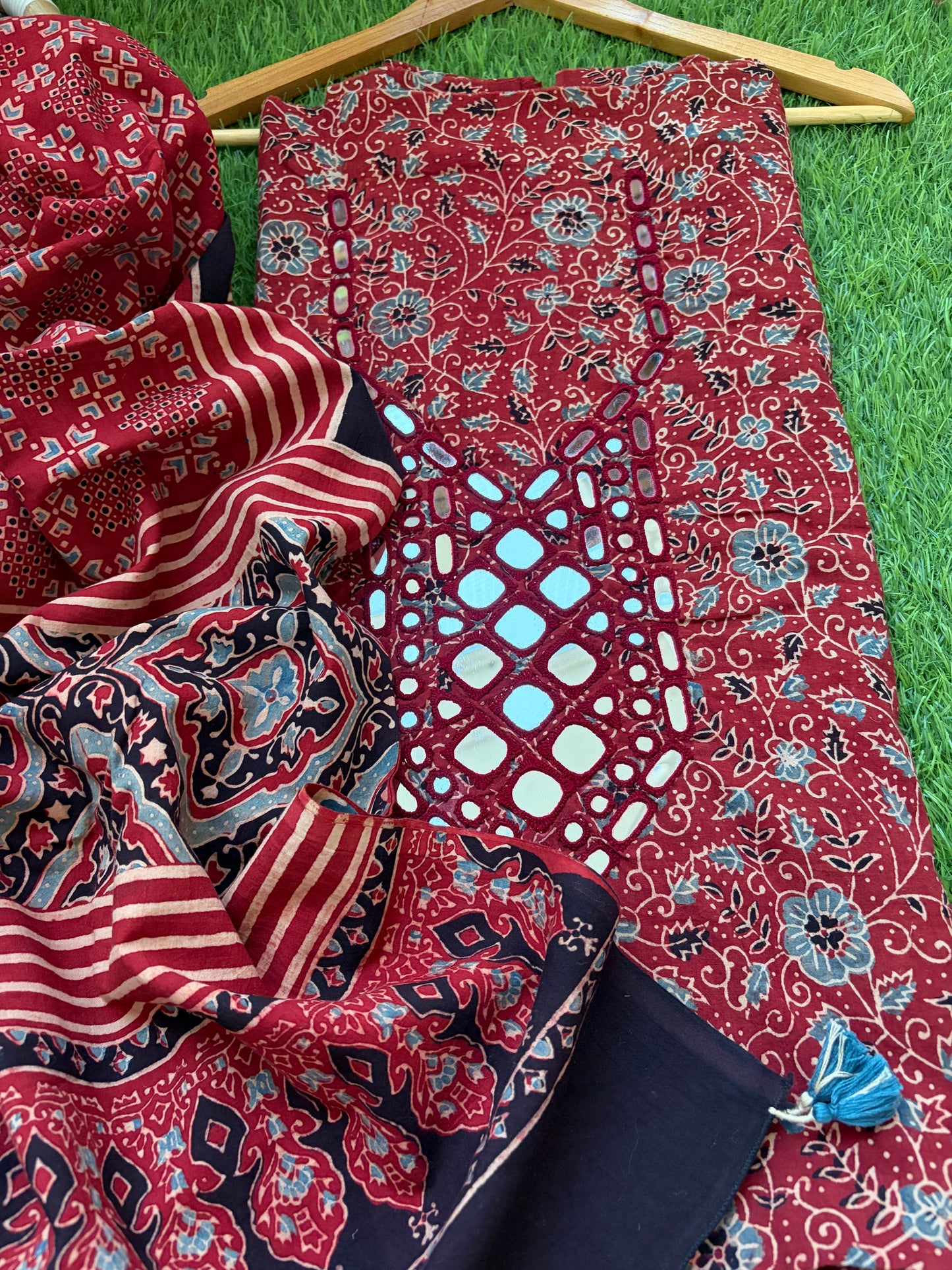 Ajrakh Cotton Mirror work kurta Dupatta