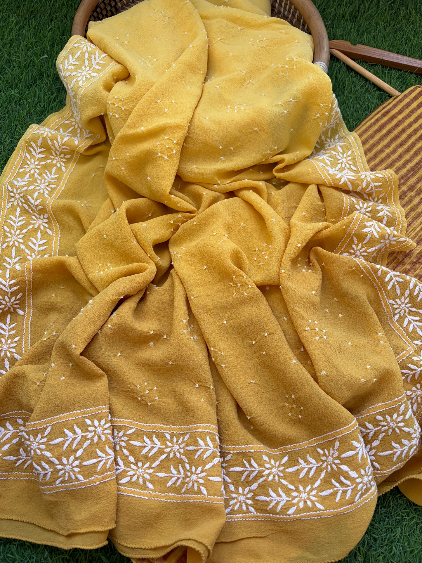 Khadi kurta bottom pure georgette chikankari bandhani dupatta