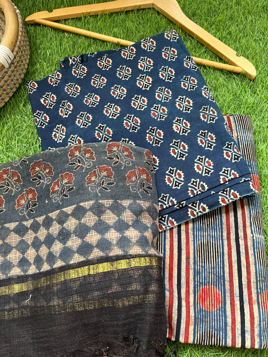 Cotton block print kurta bottom kota doria ajrakh dupatta