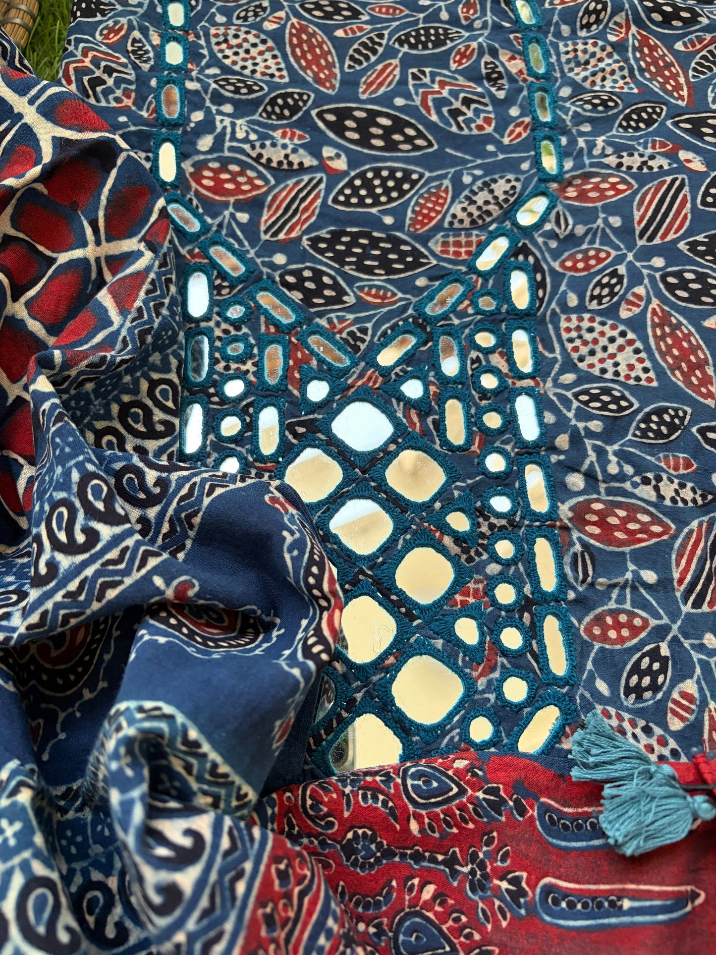 Ajrakh Cotton Mirror work kurta Dupatta
