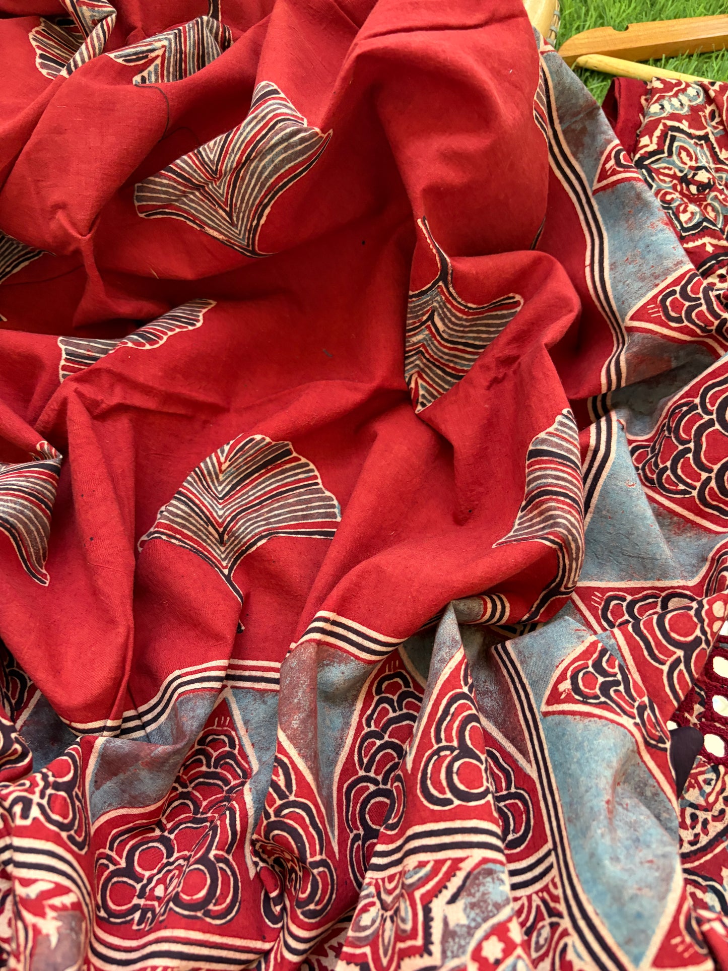 Ajrakh Cotton Mirror work kurta Bottom Dupatta