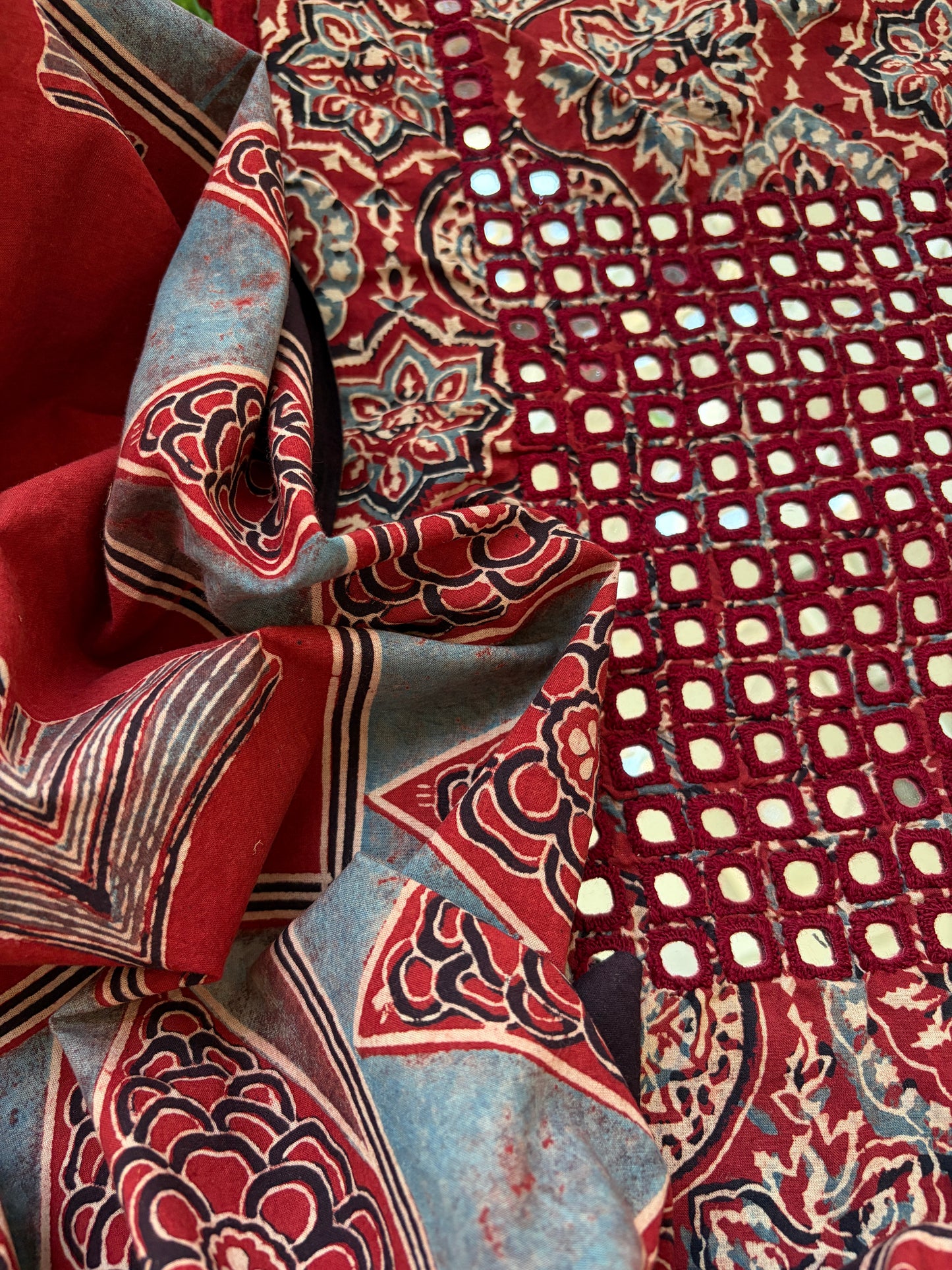 Ajrakh Cotton Mirror work kurta Bottom Dupatta