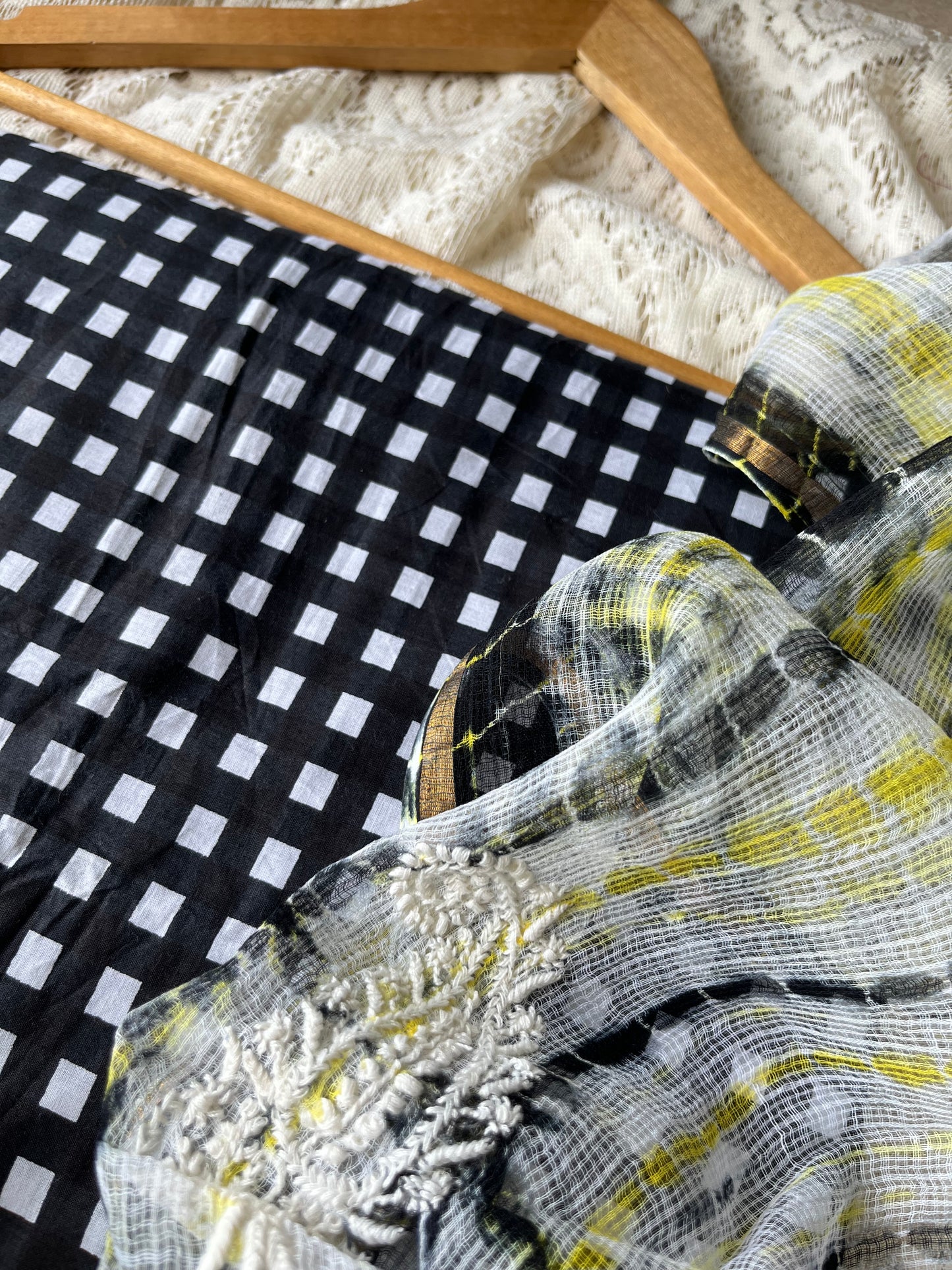 Cotton check kurta bottom fabric kota doria chikan work dupatta