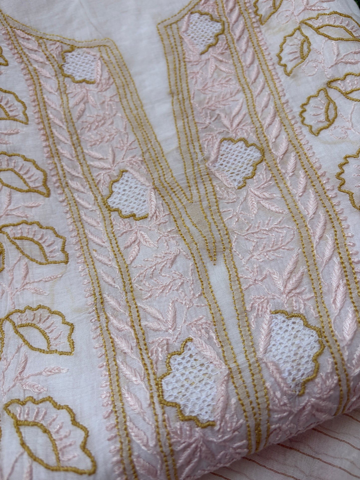 Semi stitched Chanderi Chikankari Kurta Dupatta