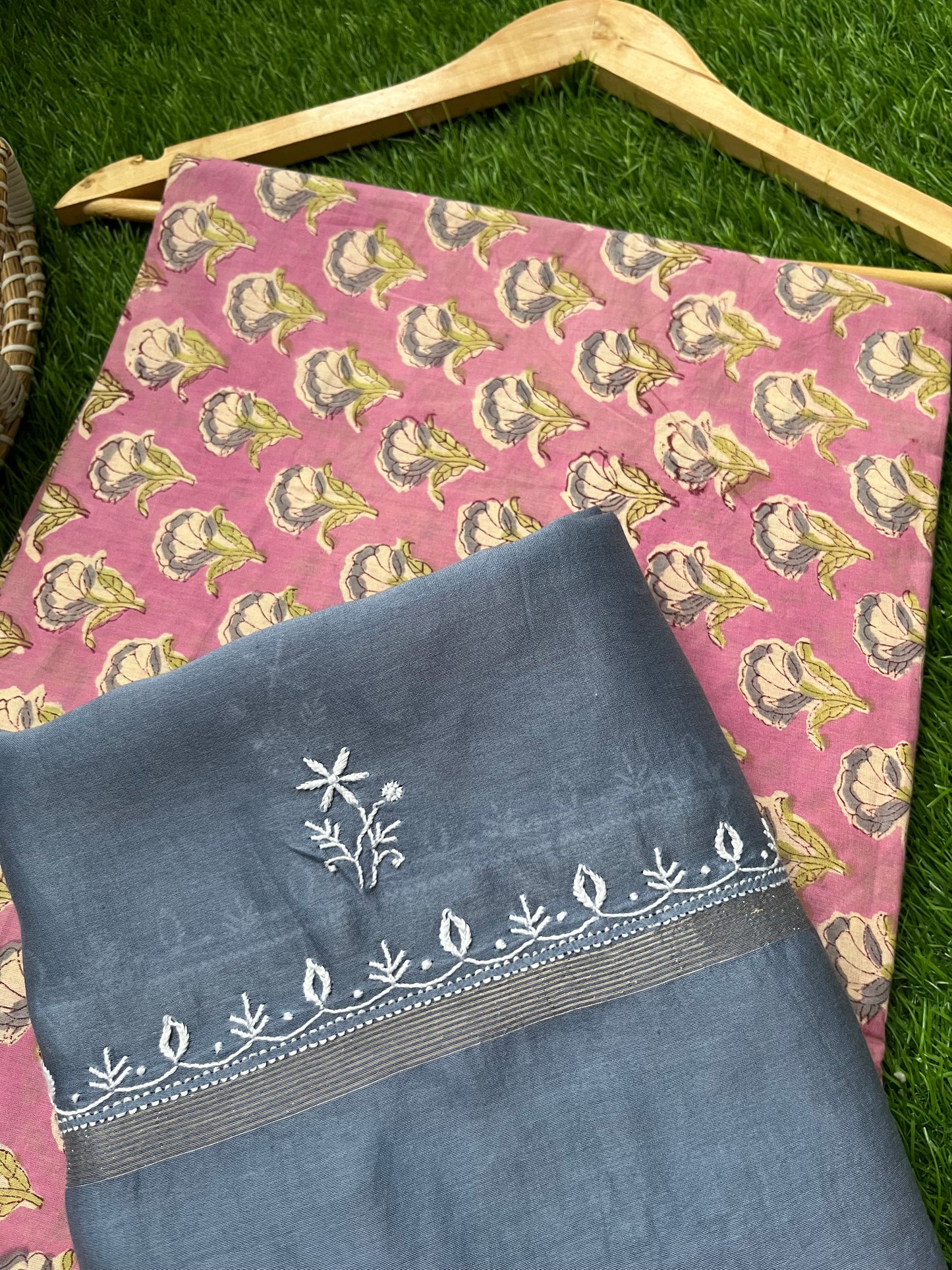 Chanderi Chikankari Dupatta with print kurta bottom Fabric