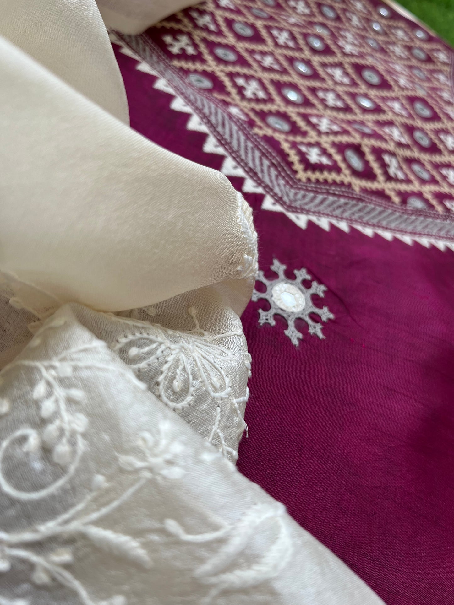Silk sindhi work kurta fabric with silk chikankari dupatta