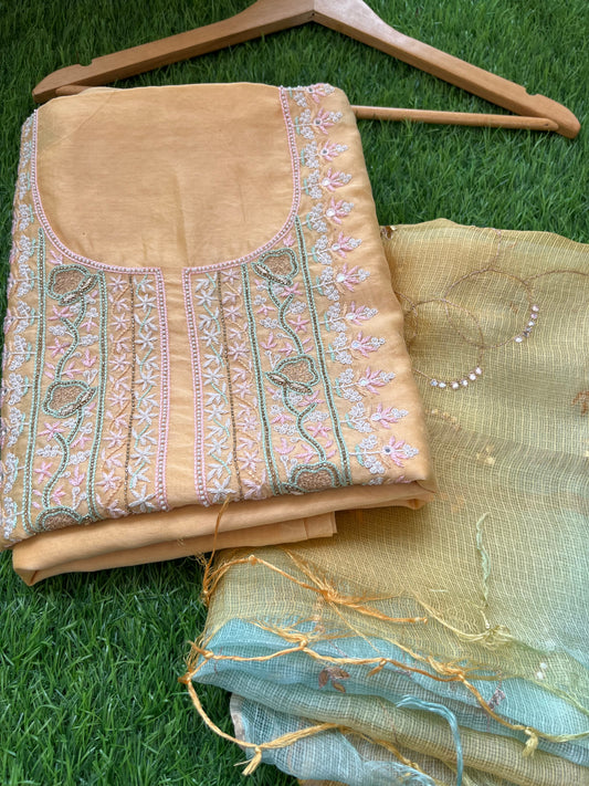Hand embroidered chanderi kurta kota silk chikan work dupatta