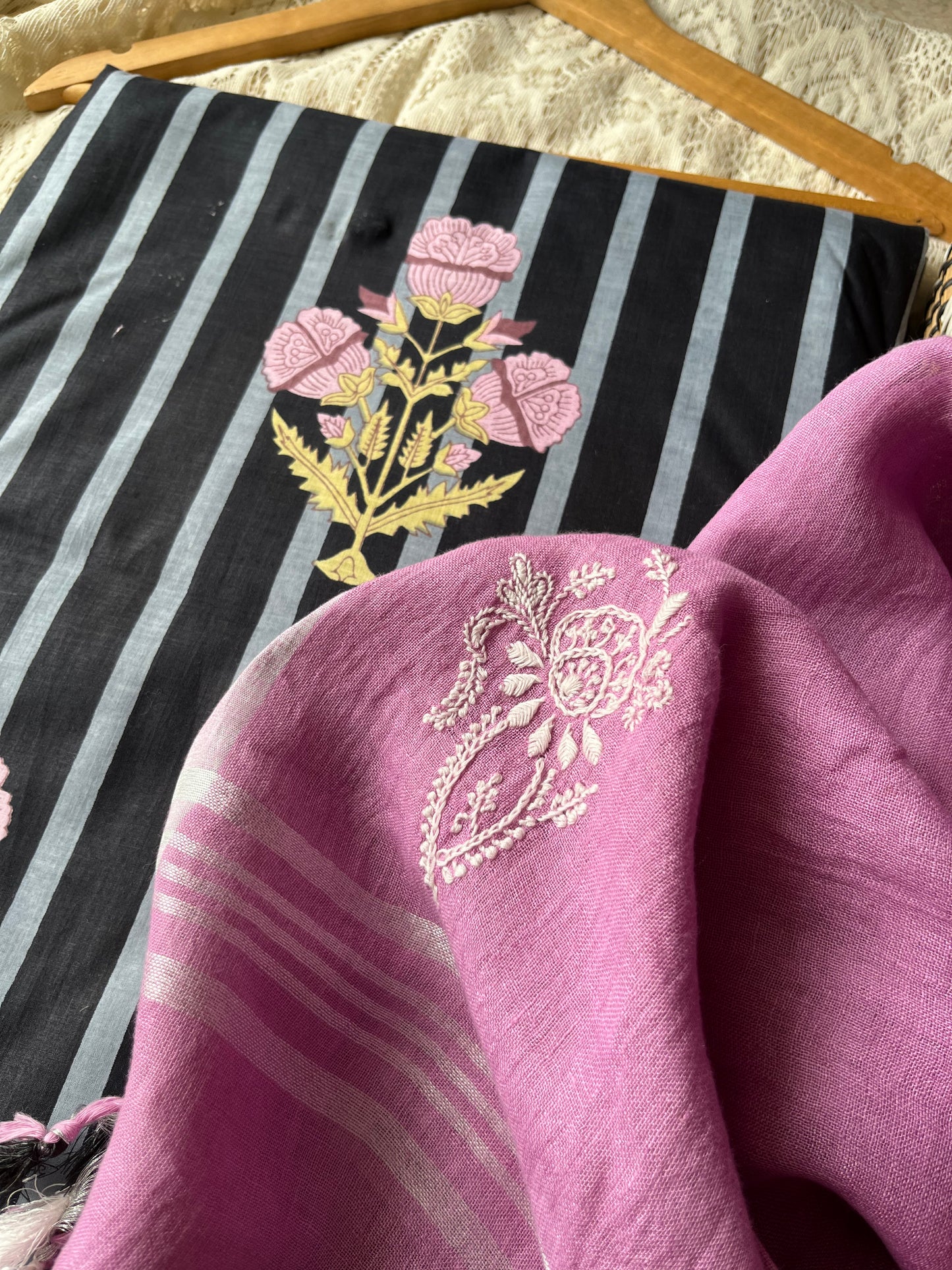 Cotton block print kurta bottom fabric chikan work dupatta