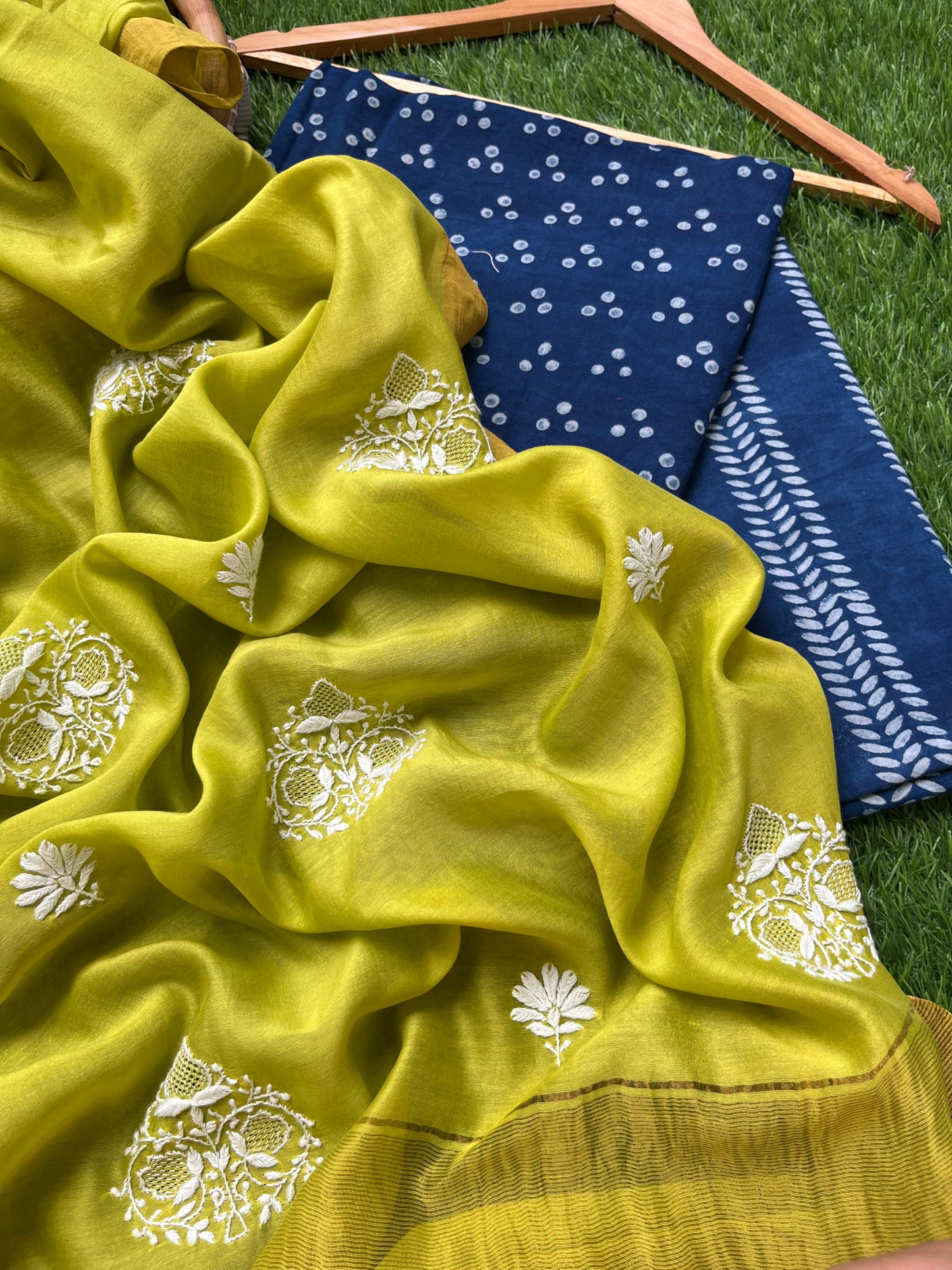 Chikankari Dupatta and indigo kurta bottom Fabric