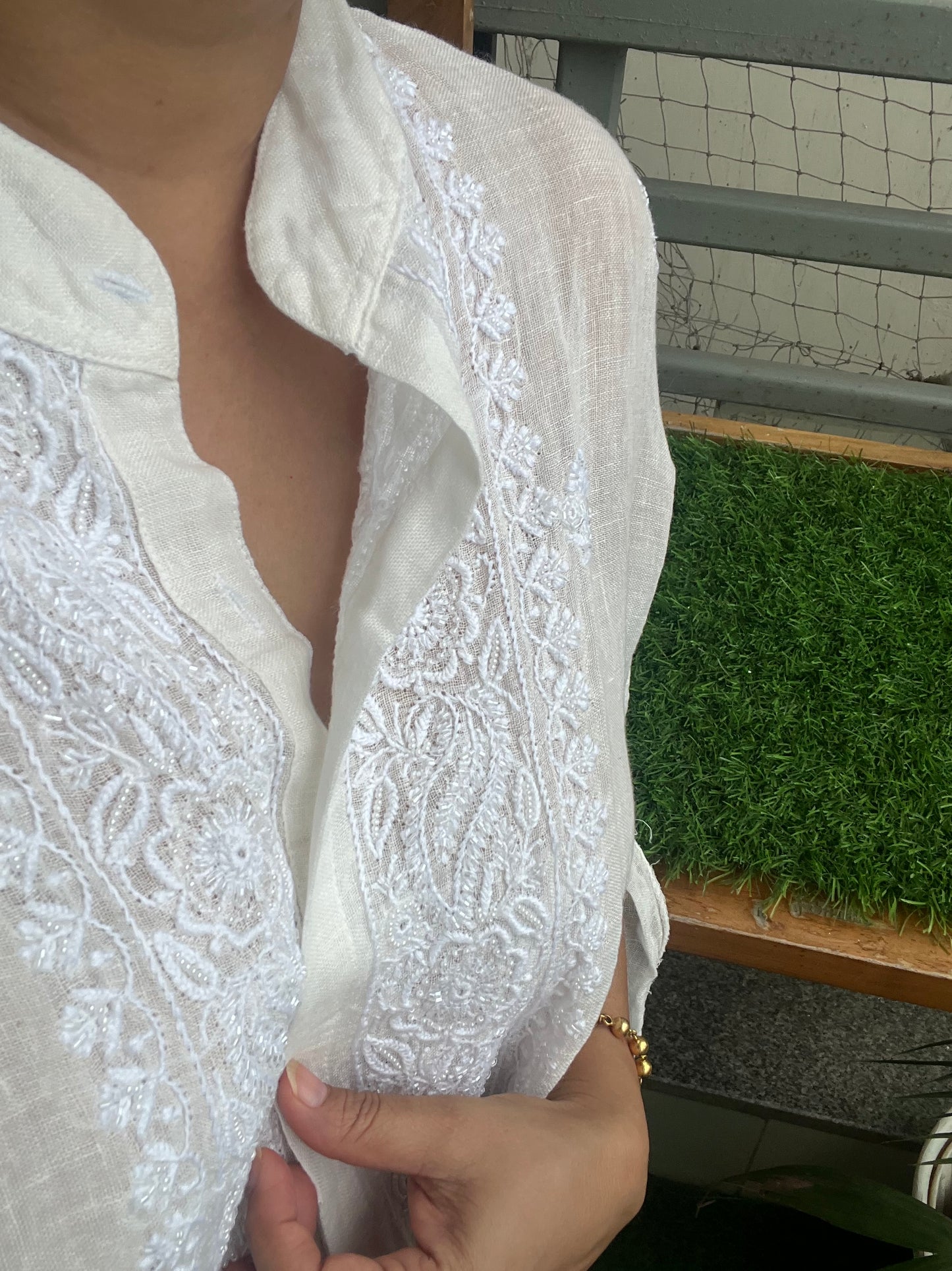 Linen chikan shirt and a-bottom-coord set