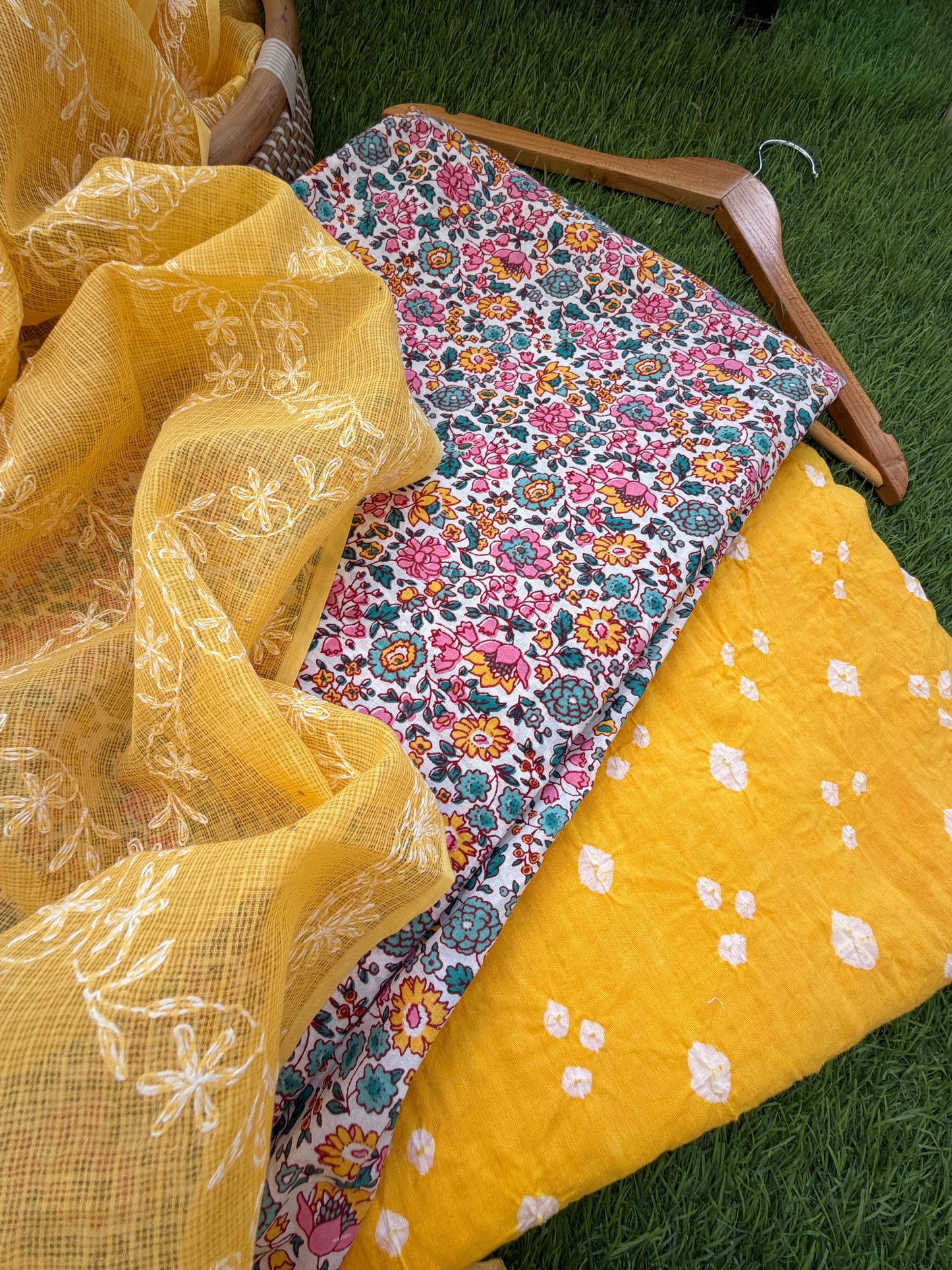 Cotton kurta bandhani bottom Kota Doria chikankari dupatta