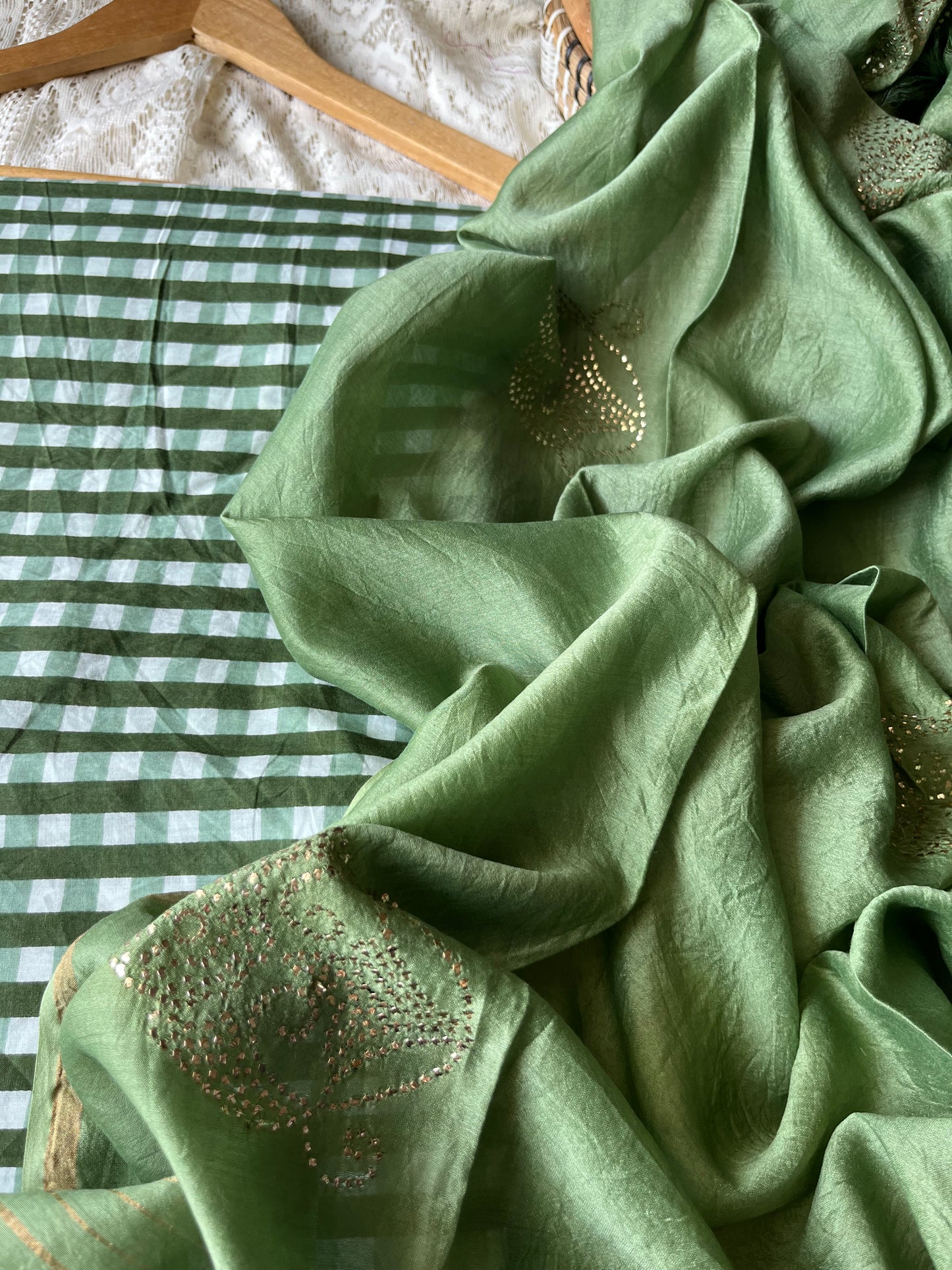 Chanderi Mukaish work Dupatta check cotton kurta bottom fabric