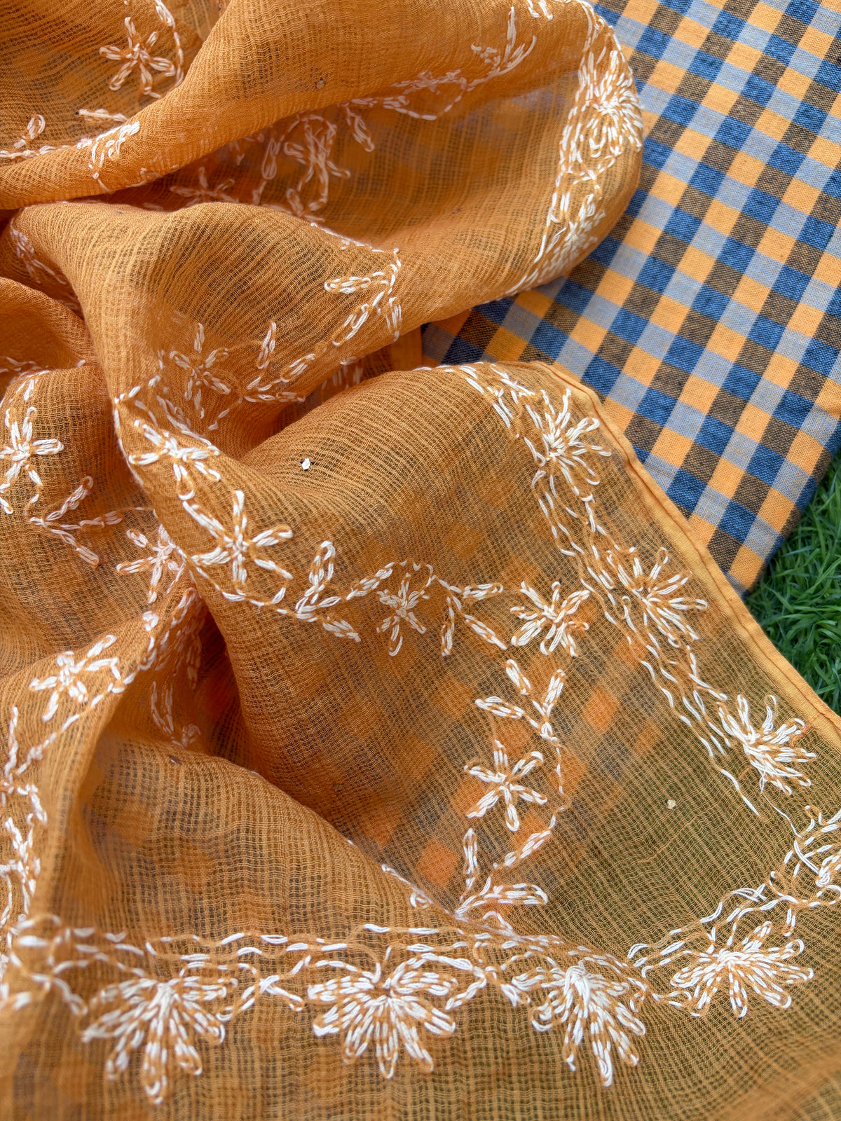 Khadi cotton check kurta fabric kota dupatta