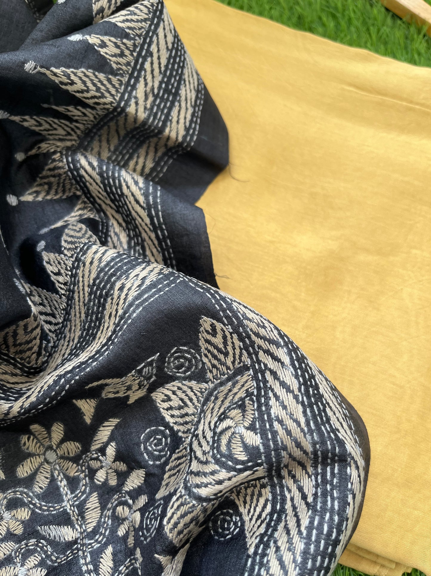 Silk Kantha Dupatta with chanderi silk kurta Bottom fabric