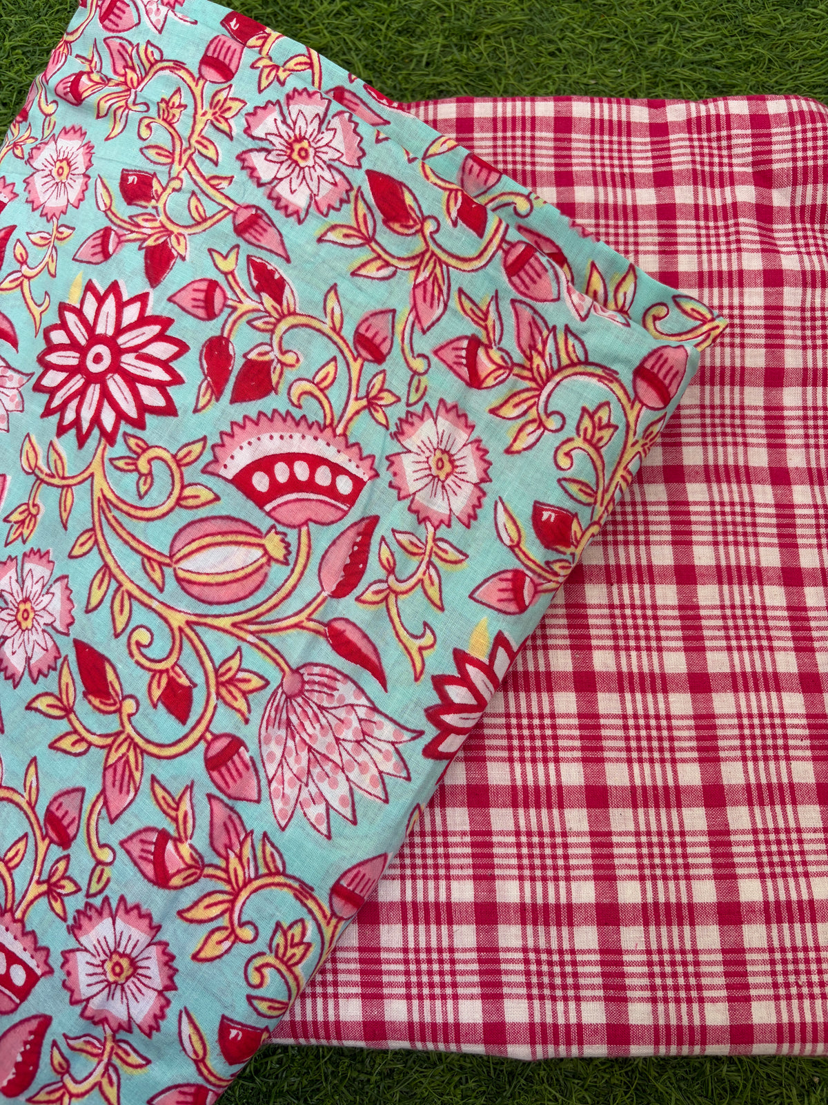 Cotton block print khadi checks kurta Bottom