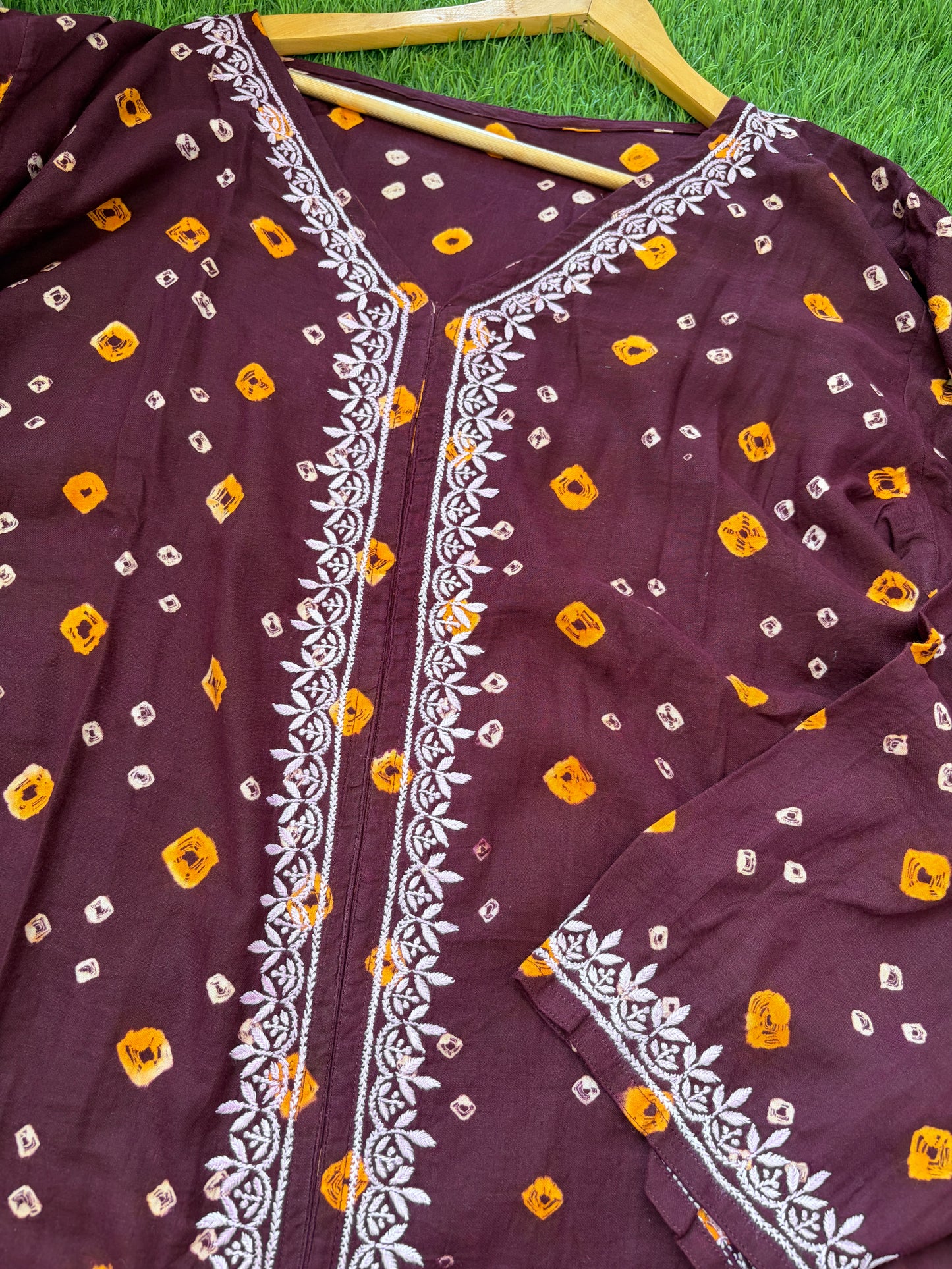 Cotton Bandhani chikan shirt and a-bottom