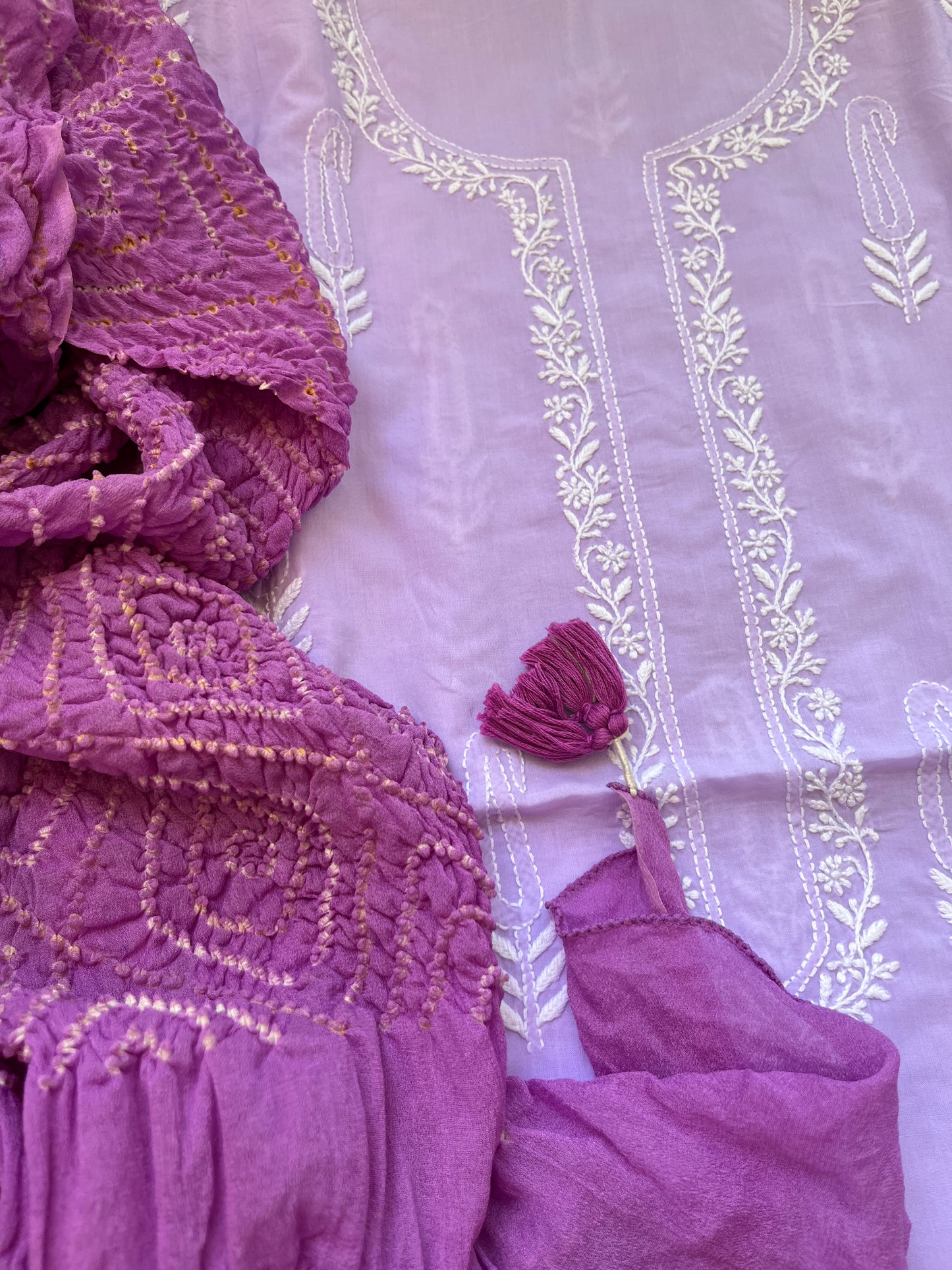 Cotton Chikankari kurta with chinon bandhani dupatta