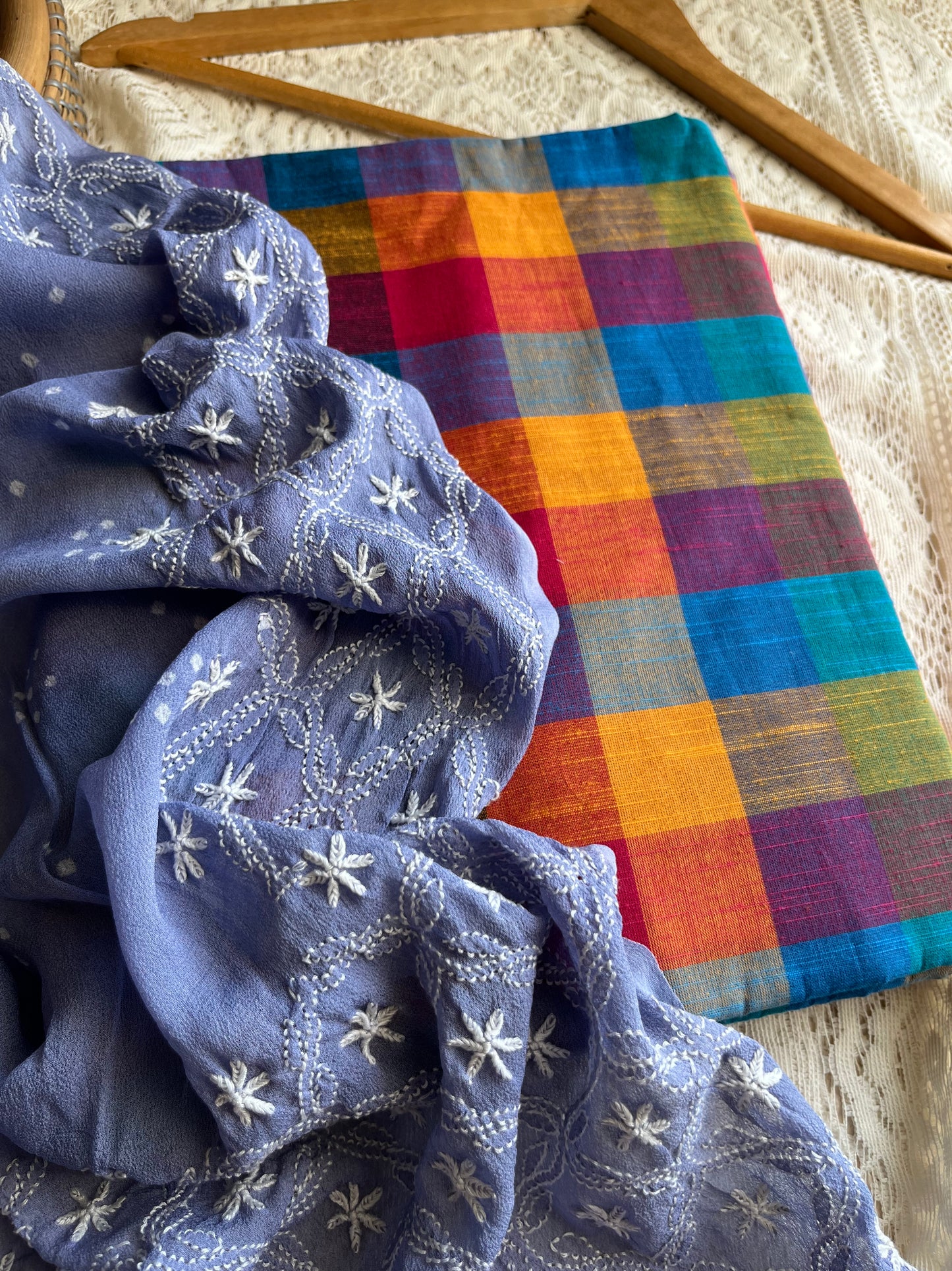 Cotton kurta bottom pure georgette chikankari bandhani dupatta