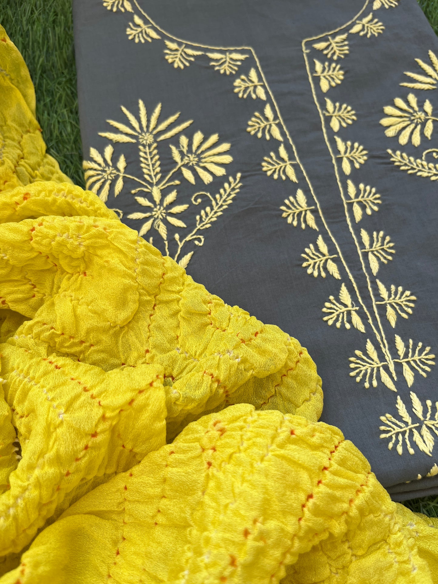 Cotton Chikankari kurta with chinon bandhani dupatta