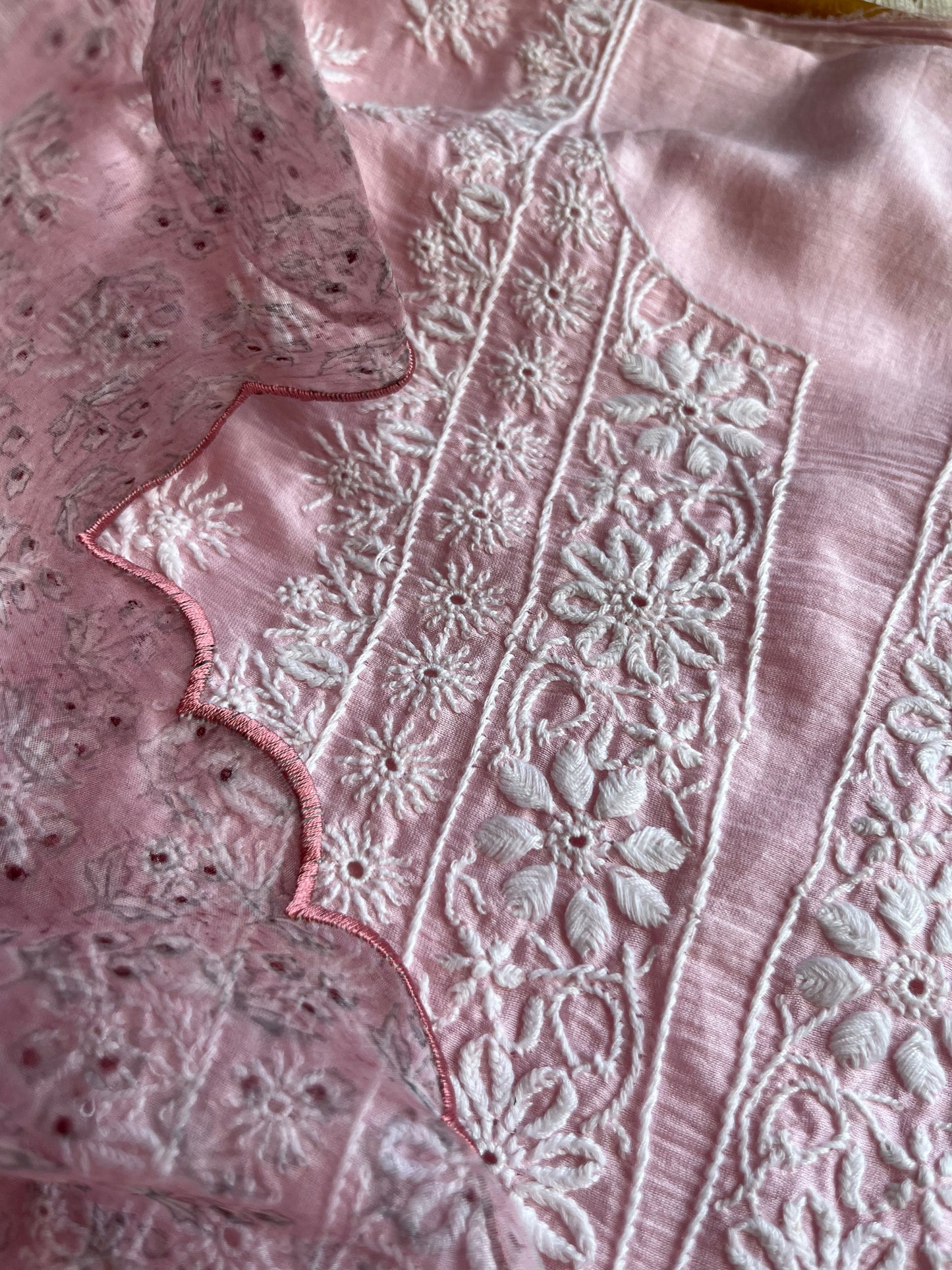 Chanderi Chikankari kurta with organza dupatta