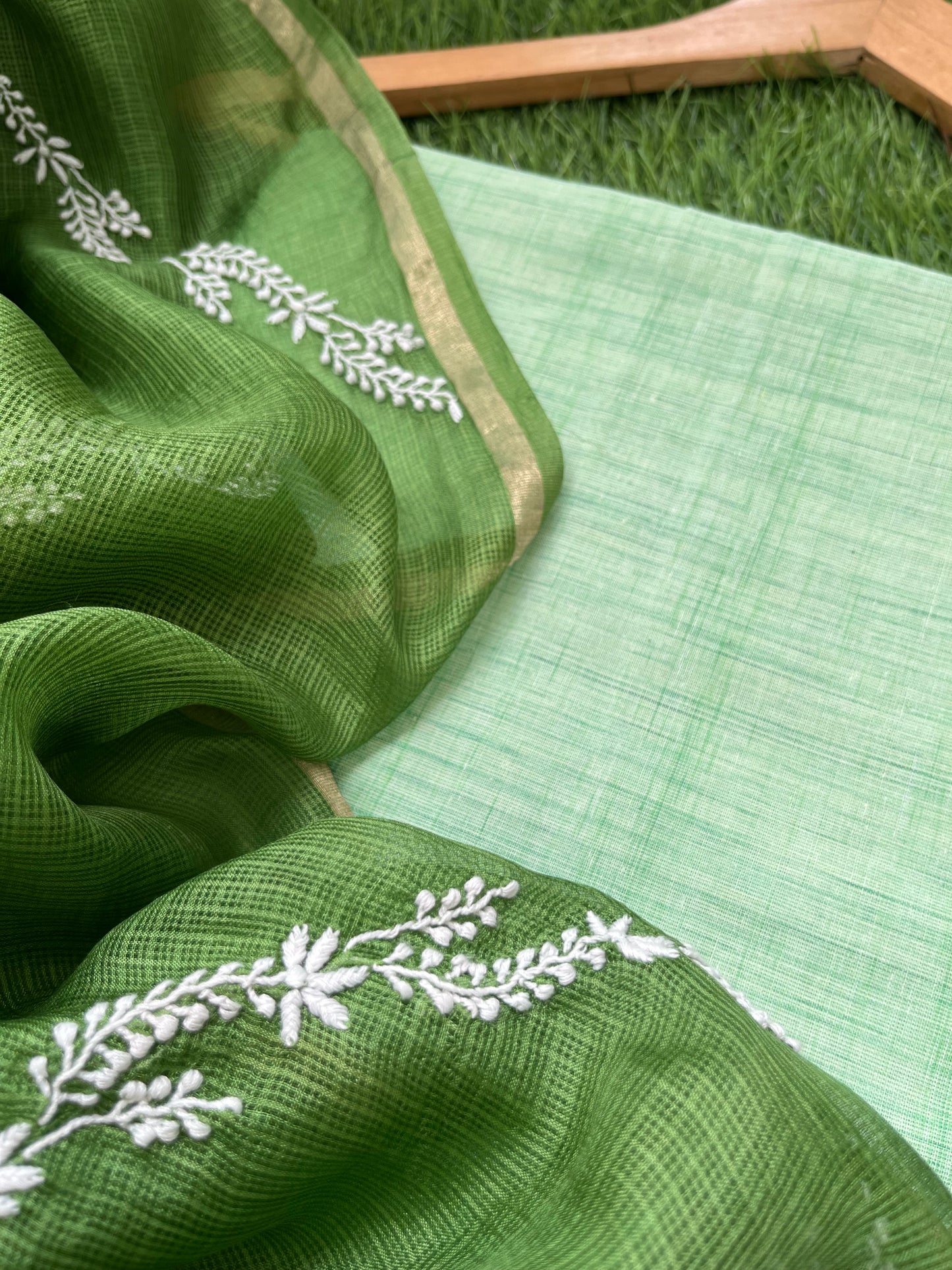 Kota silk Chikankari Dupatta with khadi kurta bottom Fabric