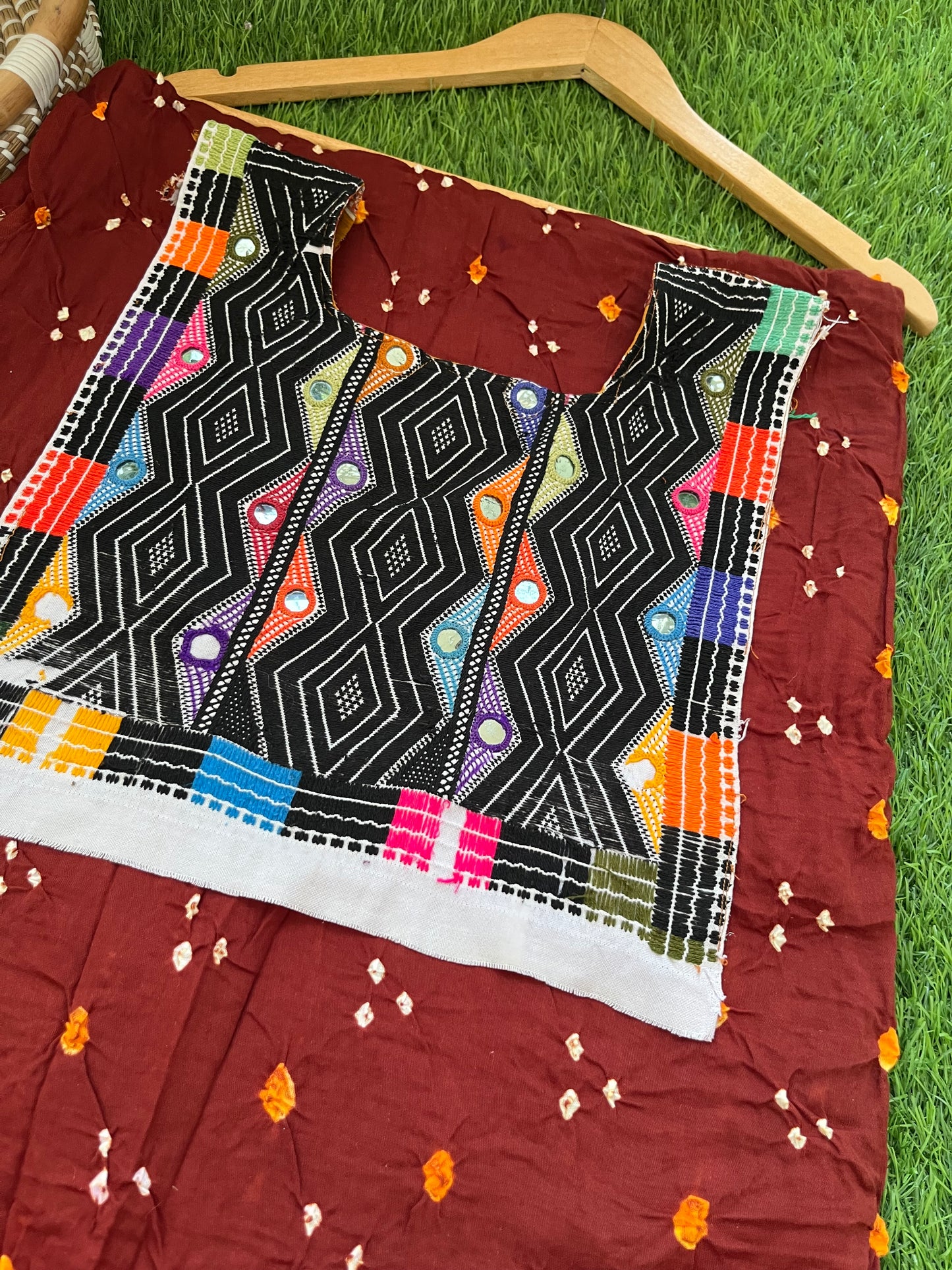Mirror work patch with bandhani suit fabric