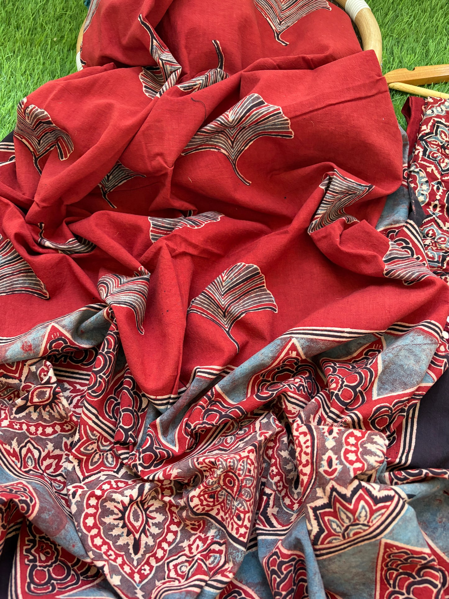 Ajrakh Cotton Mirror work kurta Bottom Dupatta
