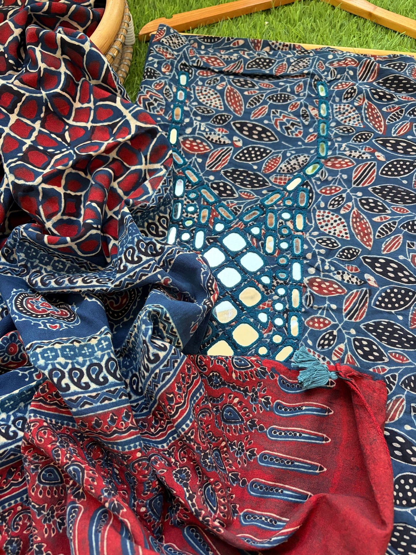 Ajrakh Cotton Mirror work kurta Dupatta