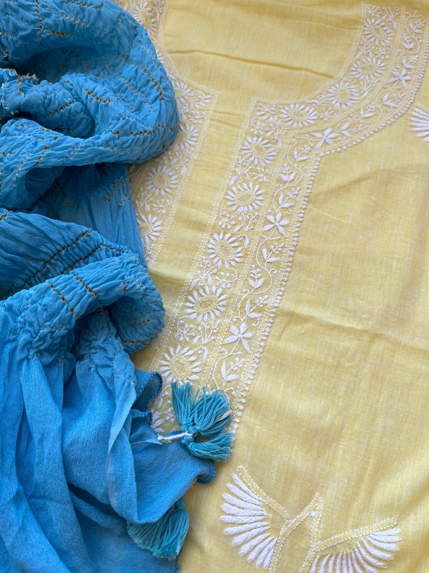 Khadi Mul Chikankari kurta with chinon bandhani dupatta