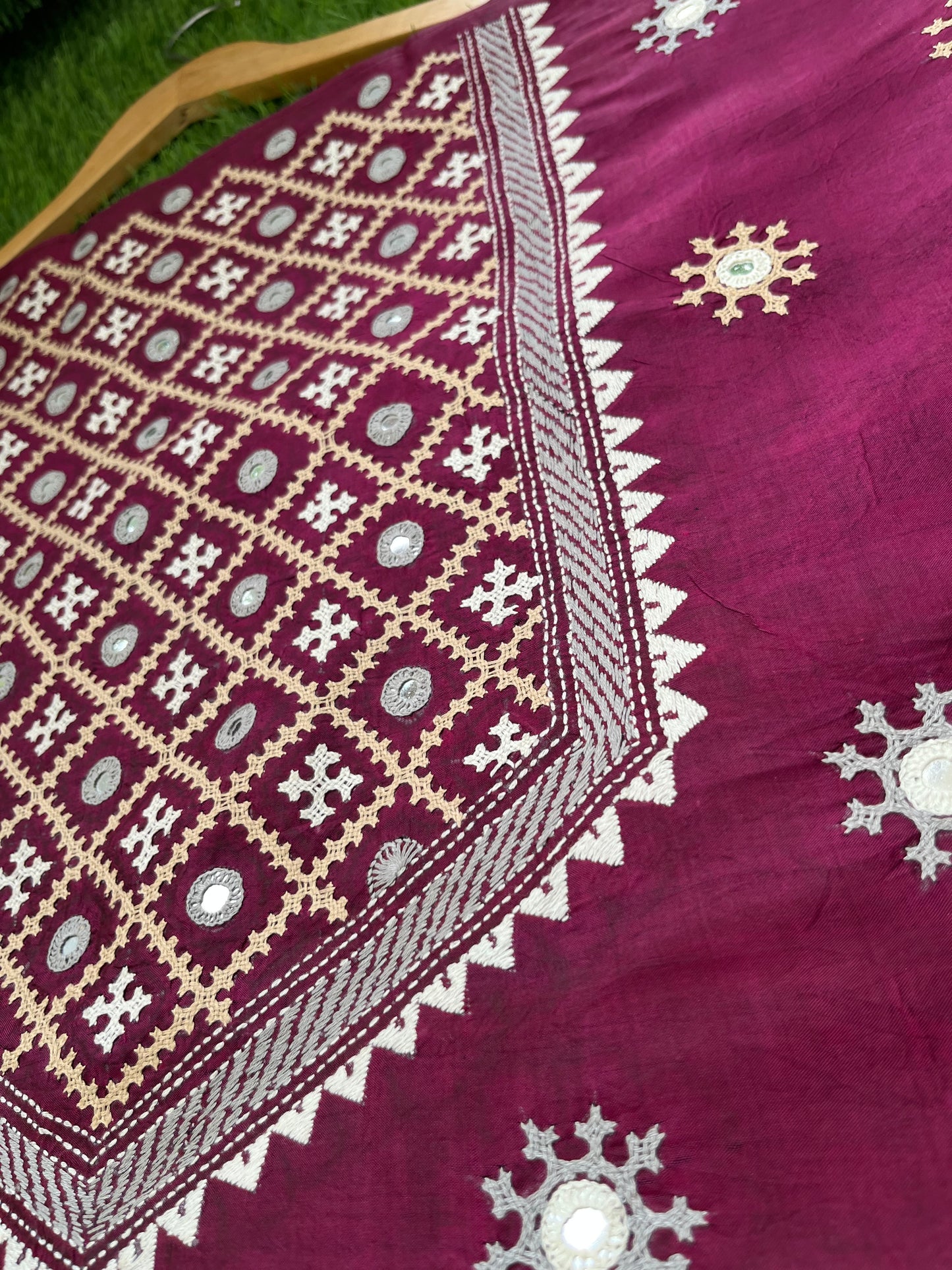 Silk sindhi work kurta fabric with silk chikankari dupatta