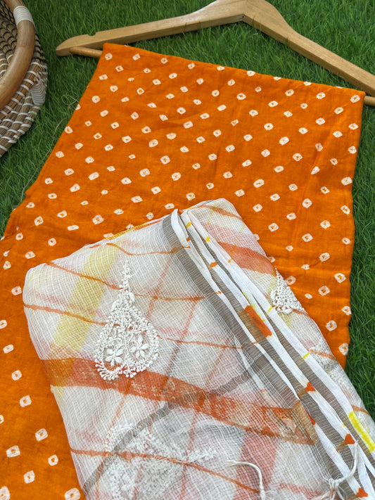Cotton bandhani kurta fabric kota doria chikan work dupatta