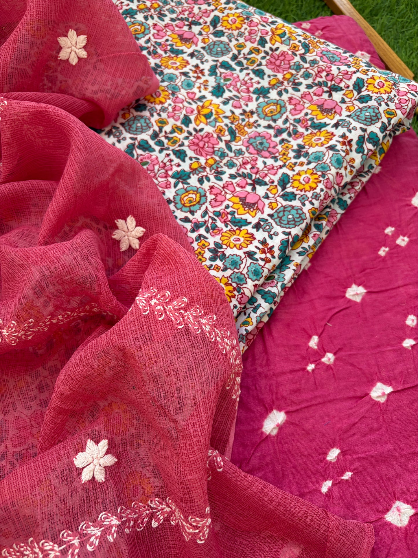 Cotton kurta bandhani bottom Kota Doria chikankari dupatta