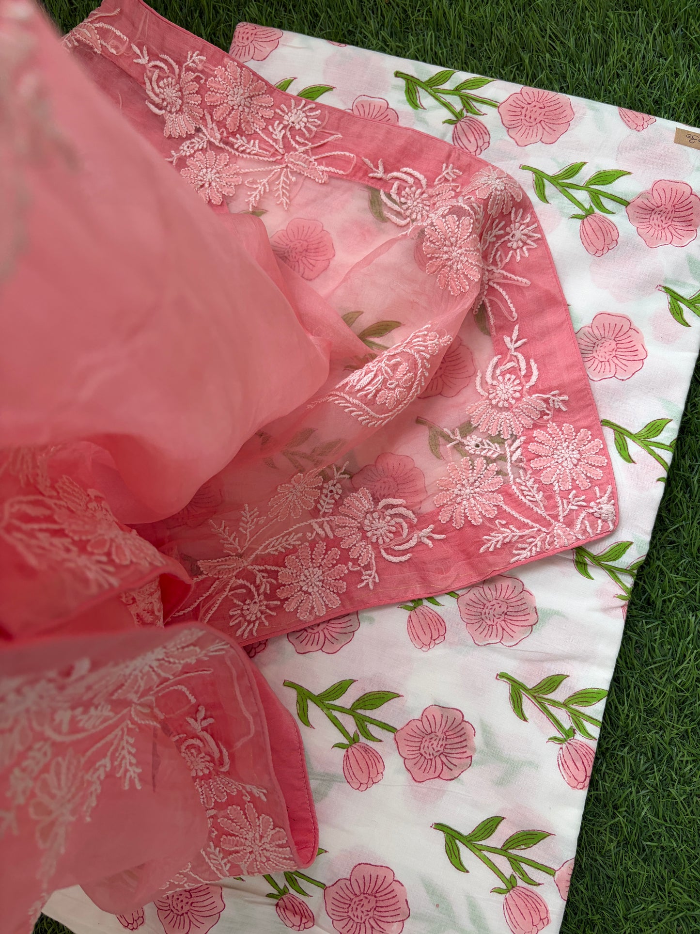 cotton print kurta bottom fabric organza chikan work dupatta