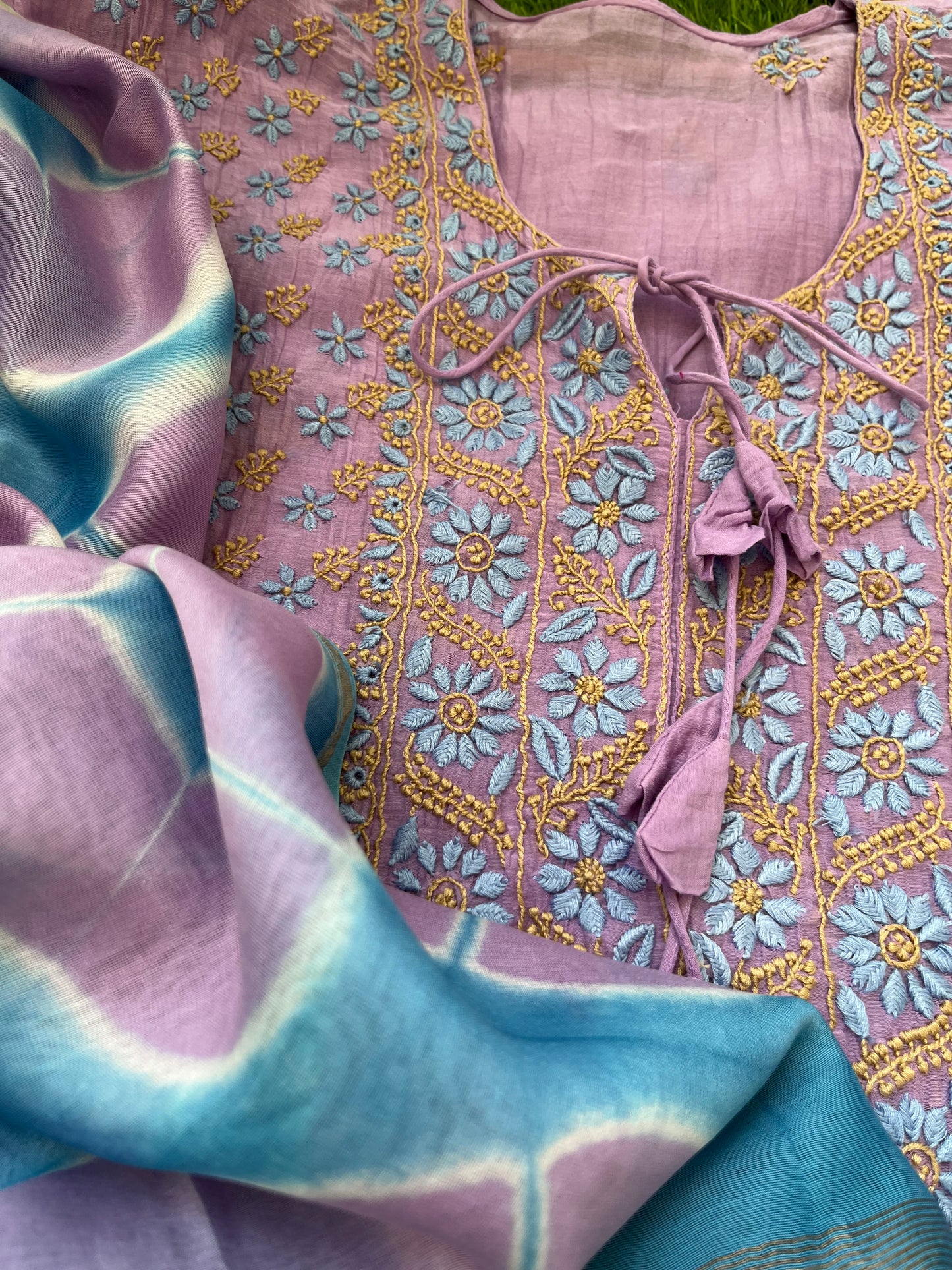 Chanderi Chikankari Kurta clamp dye Dupatta