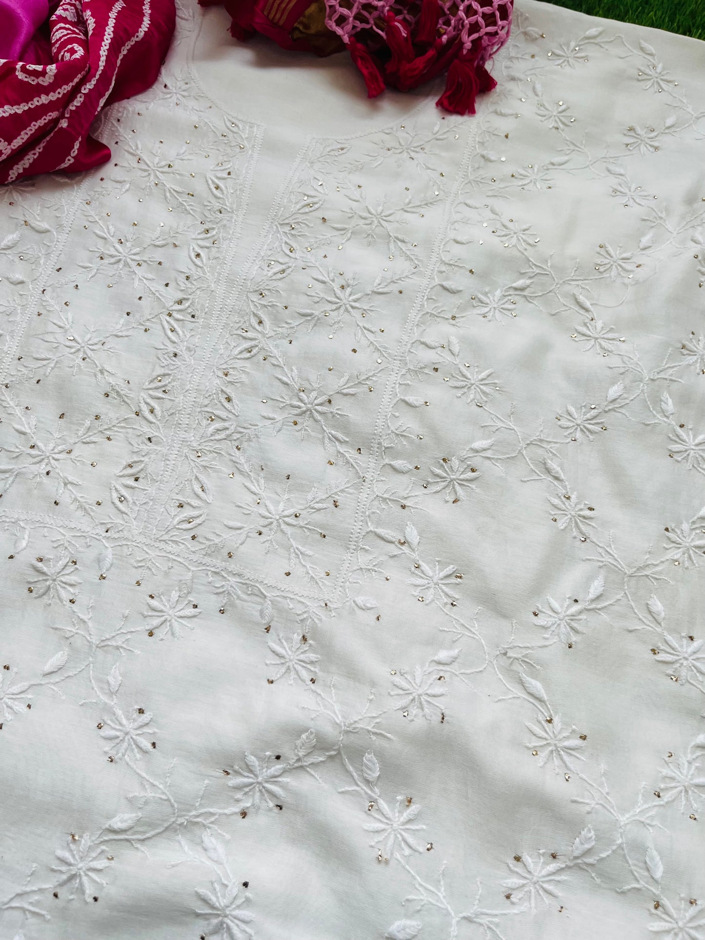 Chanderi Chikankari Kurta gajji silk bandhani Dupatta