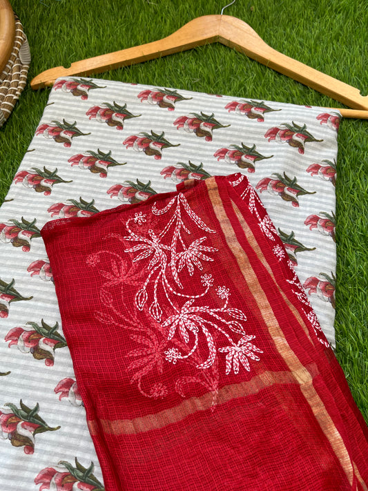 Chikankari kota silk Dupatta and block print kurta bottom Fabric