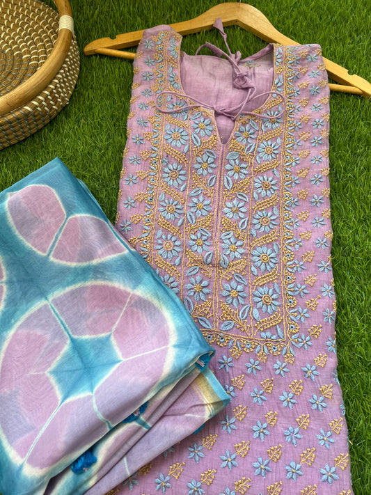 Chanderi Chikankari Kurta clamp dye Dupatta