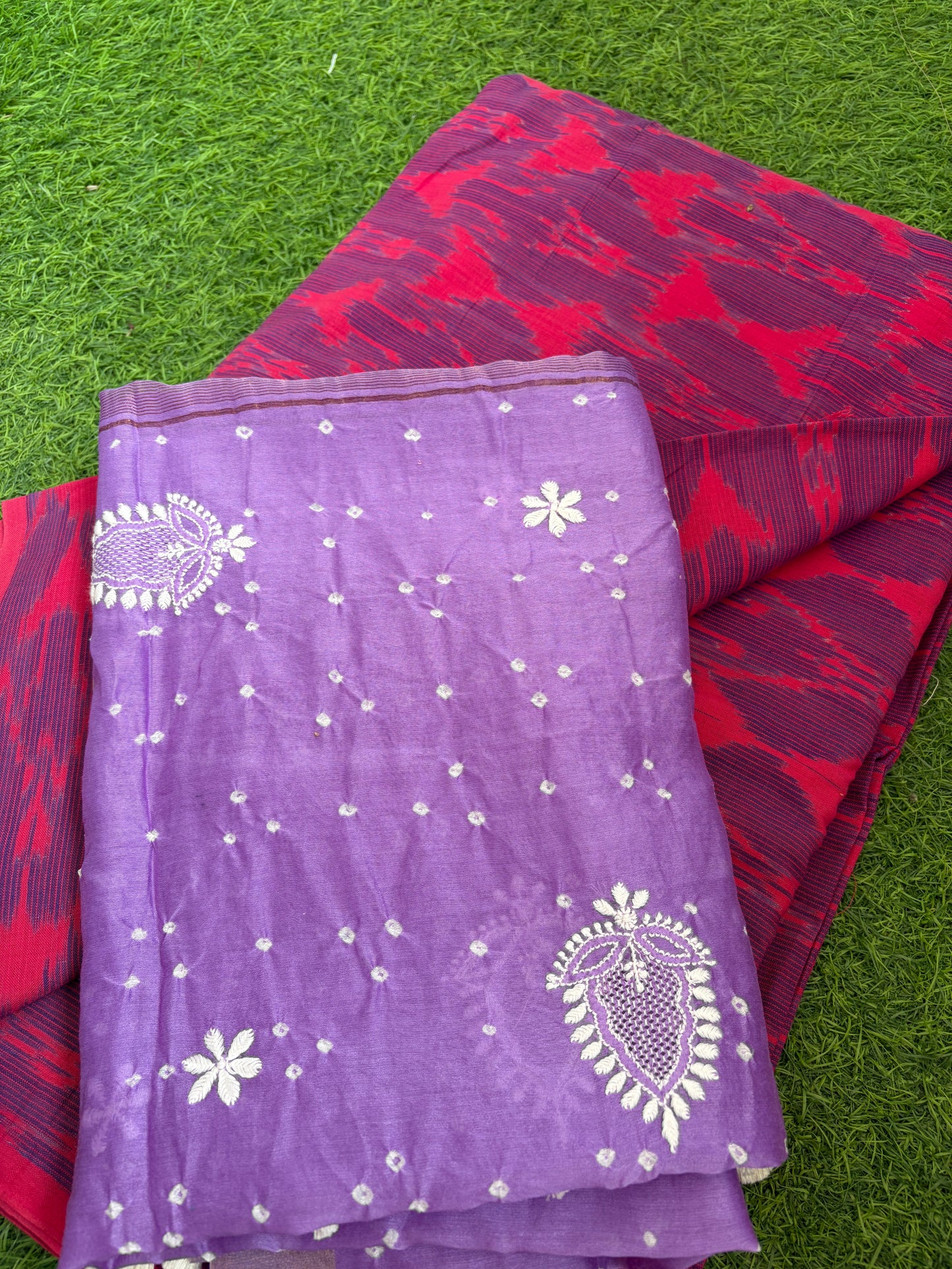 Ikkat kurta bottom pure chanderi bandhani chikankari dupatta