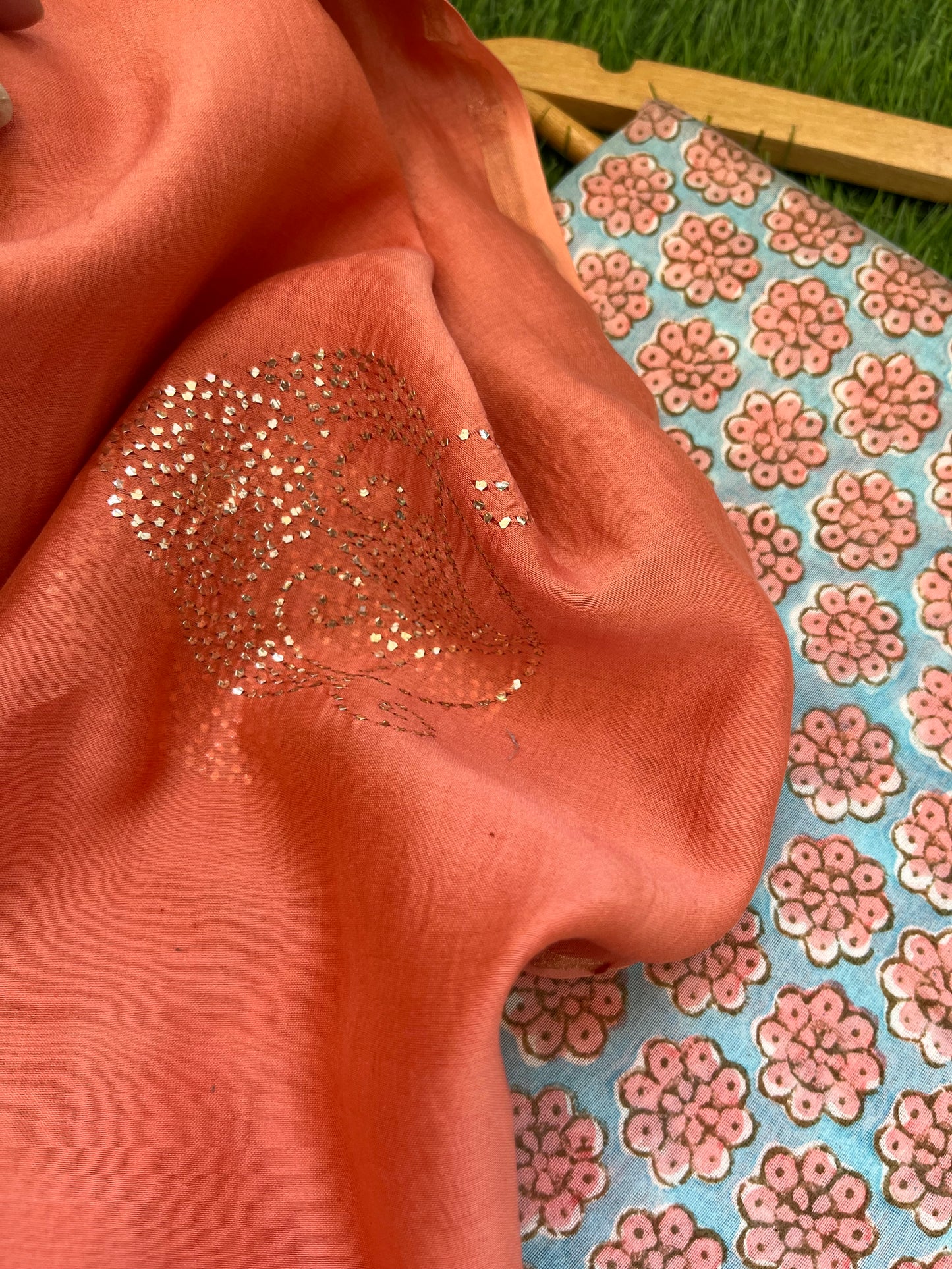 Chanderi Mukaish work Dupatta block print chanderi kurta fabric