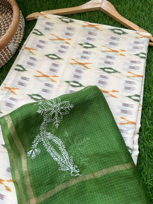Kota silk Chikankari Dupatta with cotton ikkat kurta Fabric