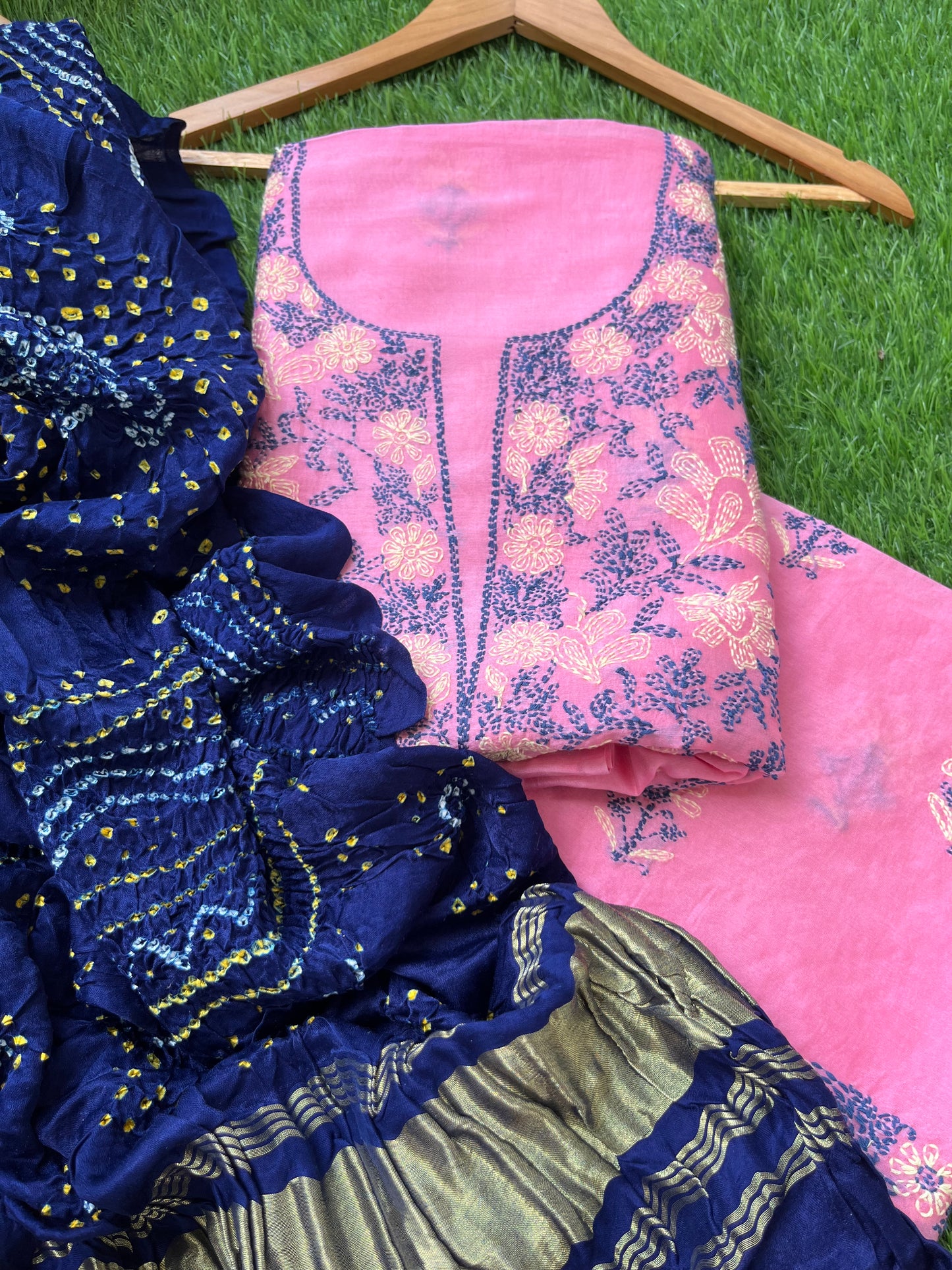 Chanderi Chikankari Kurta gajji silk bandhani Dupatta