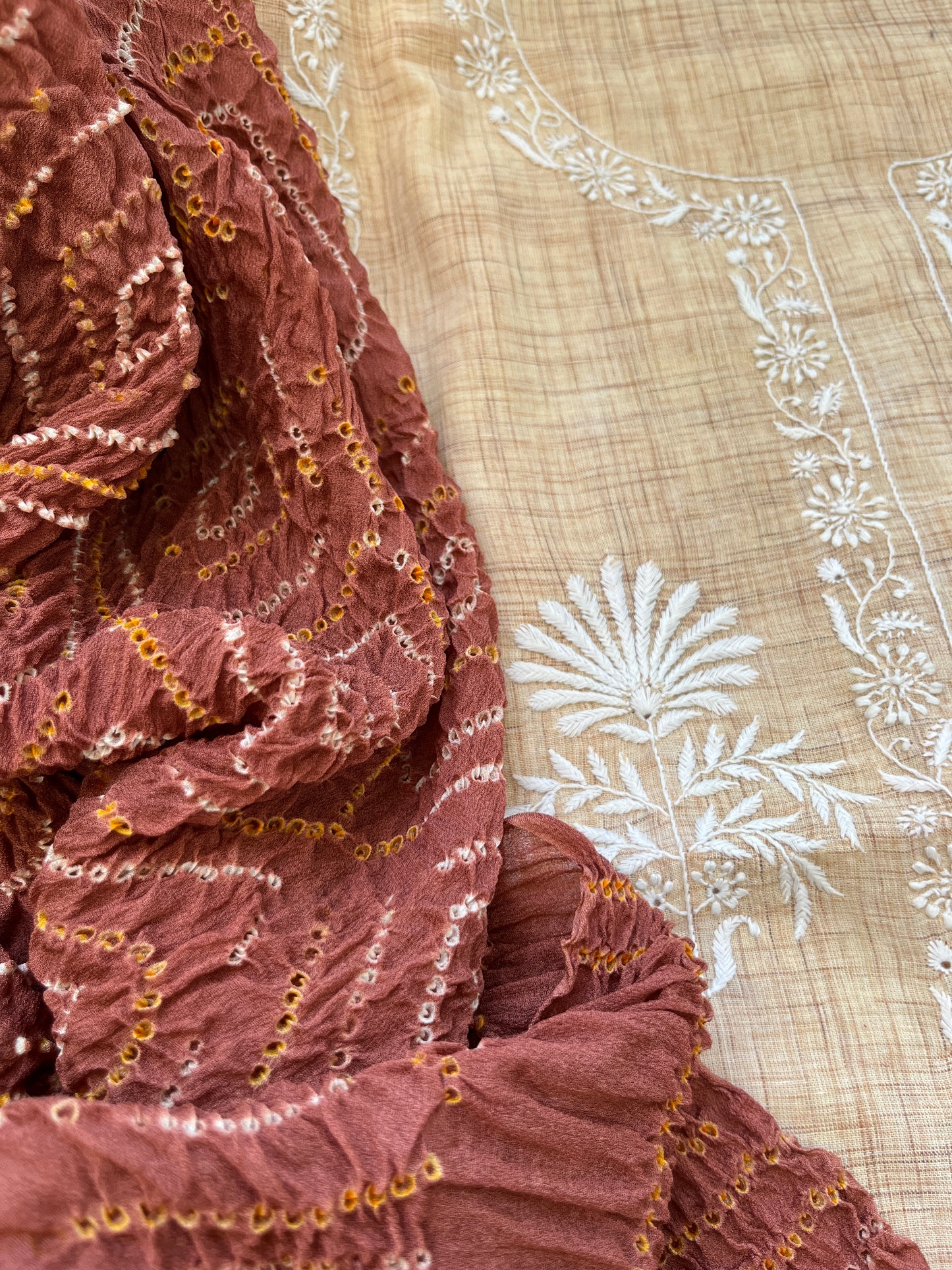 Chikankari kurta with chinon bandhani dupatta